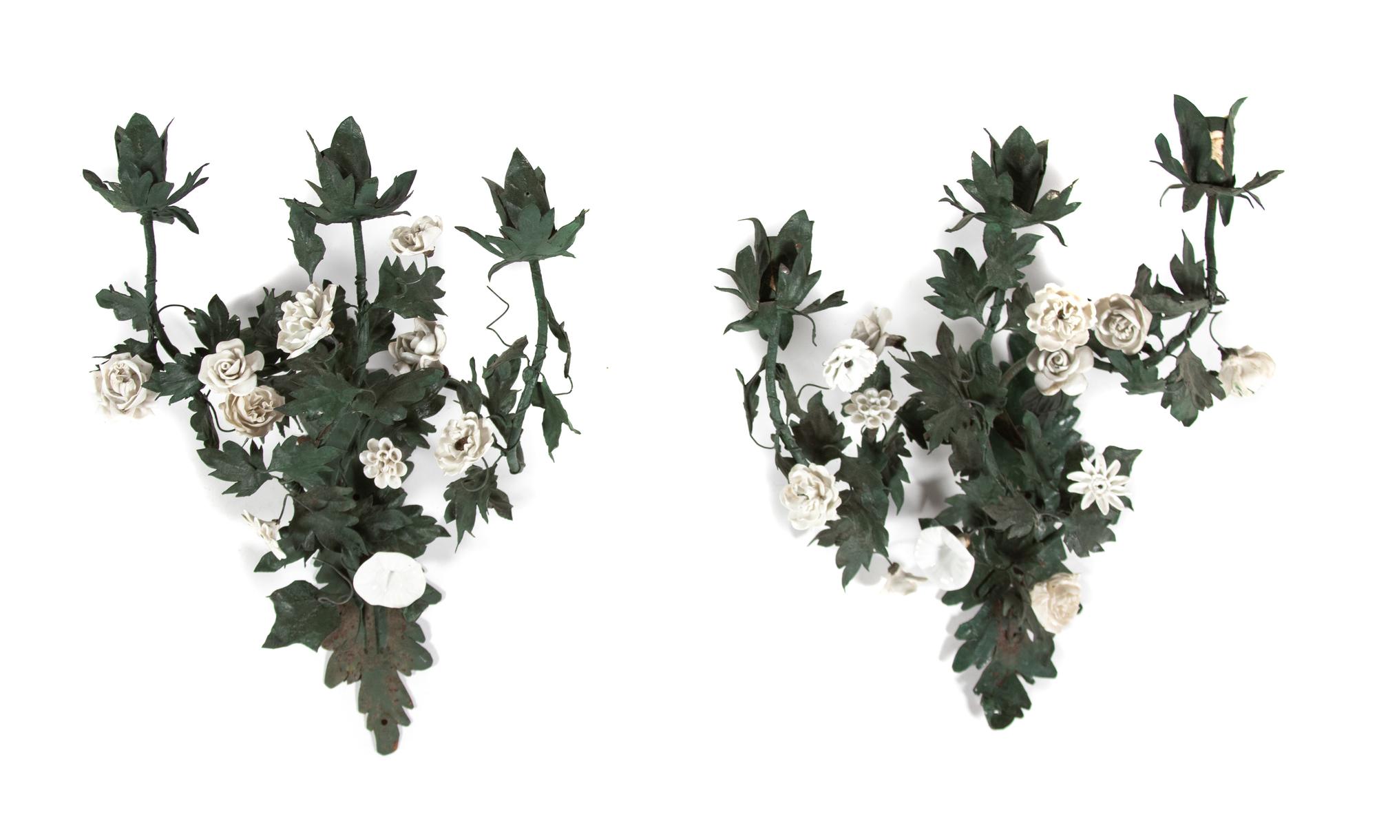 French Porcelain-Mounted Tole Six-Light Chandelier and a Pair of Matching Sconces