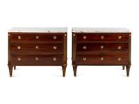 A Pair of Swedish Neoclassical Gilt Metal Mounted Mahogany Marble-Top Commodes