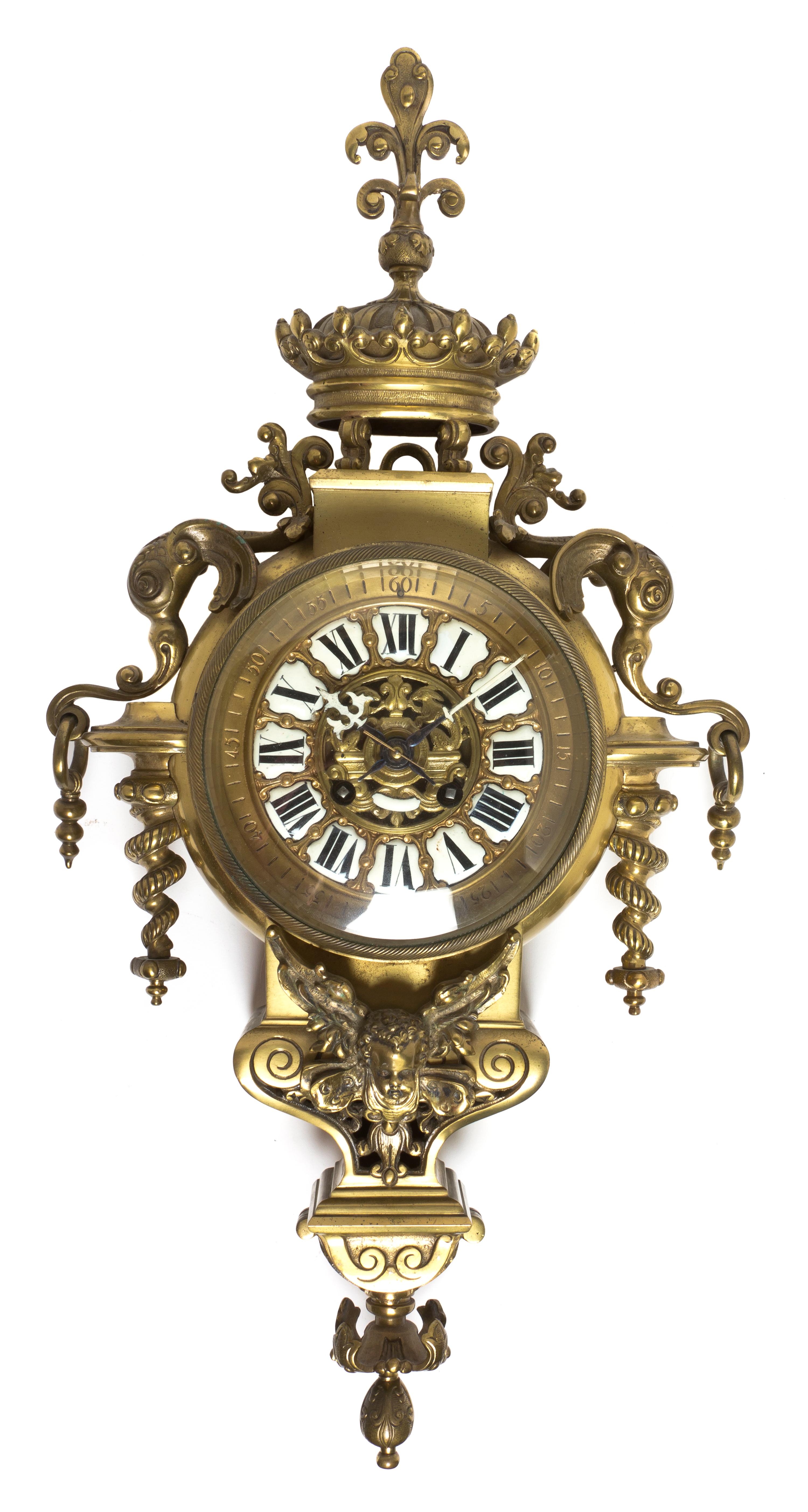 A Neoclassical Brass Cartel Clock, Height 21 inches.