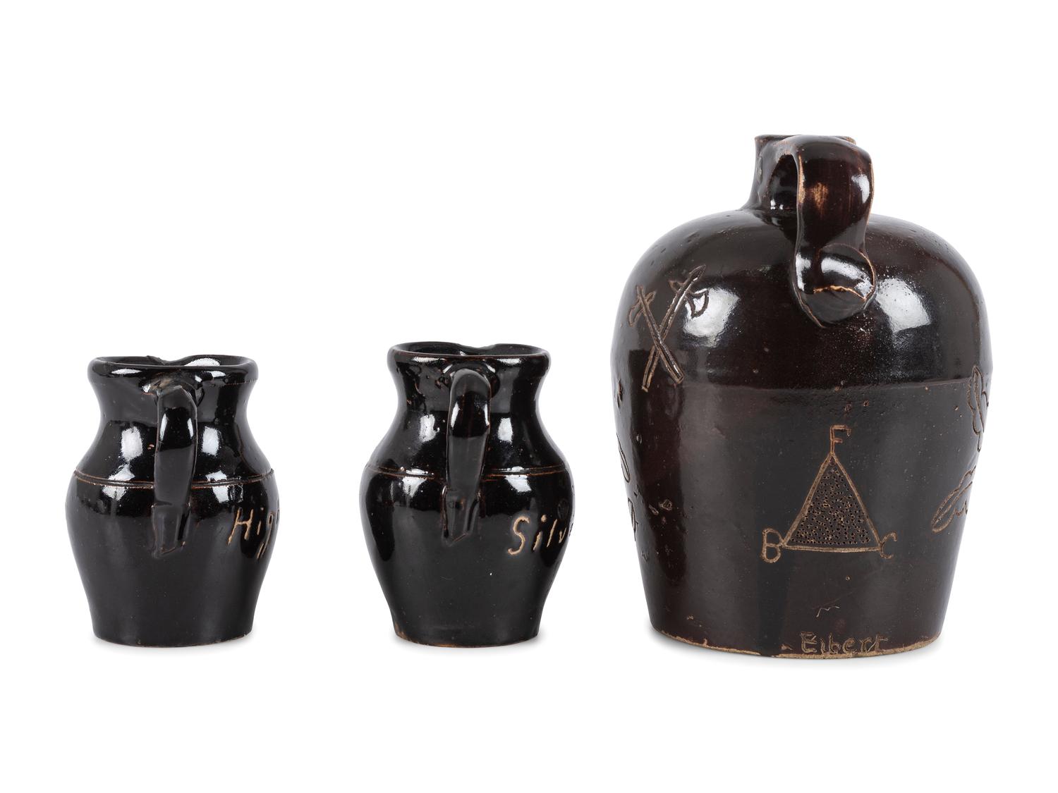 Three Pieces of Ohio Scrafitto-Inscribed Albany Slip Stoneware