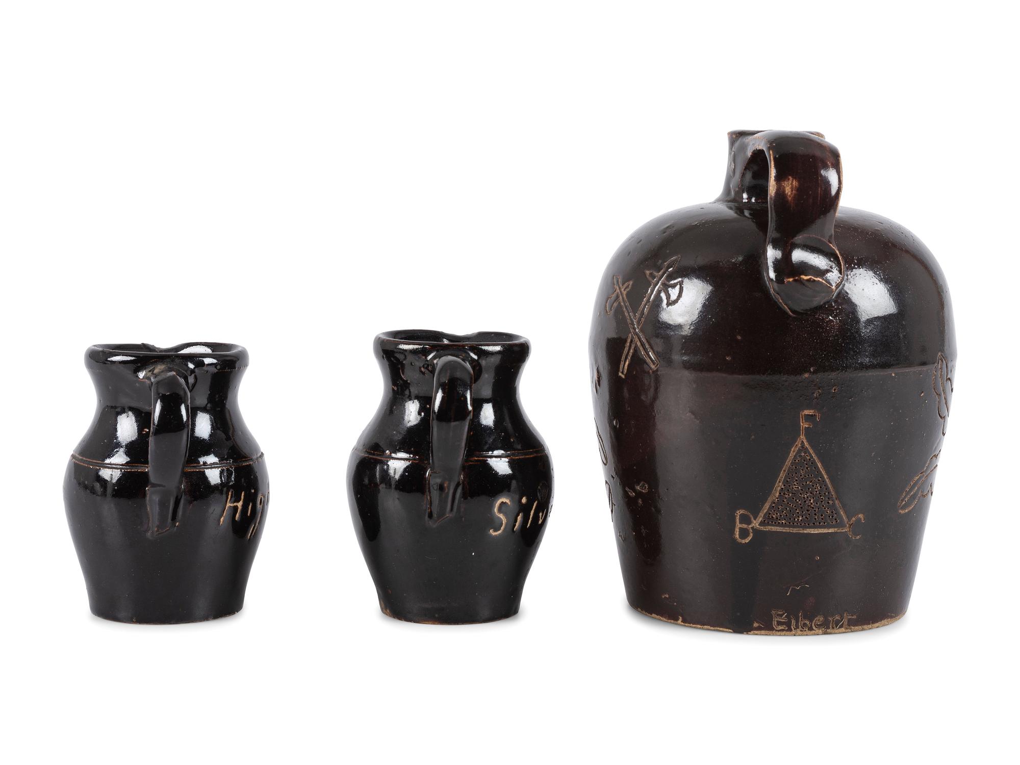 Three Pieces of Ohio Scrafitto-Inscribed Albany Slip Stoneware