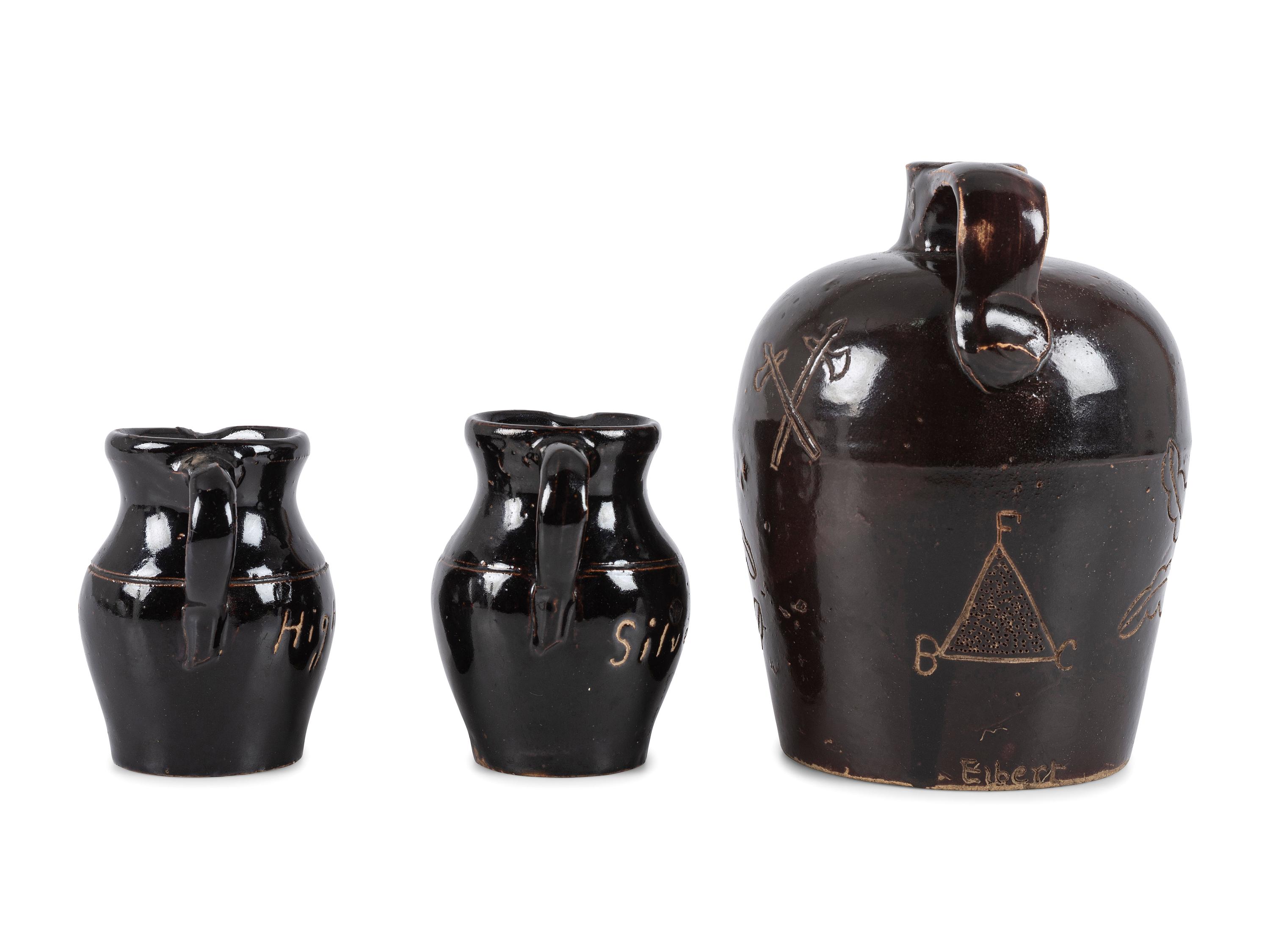 Three Pieces of Ohio Scrafitto-Inscribed Albany Slip Stoneware