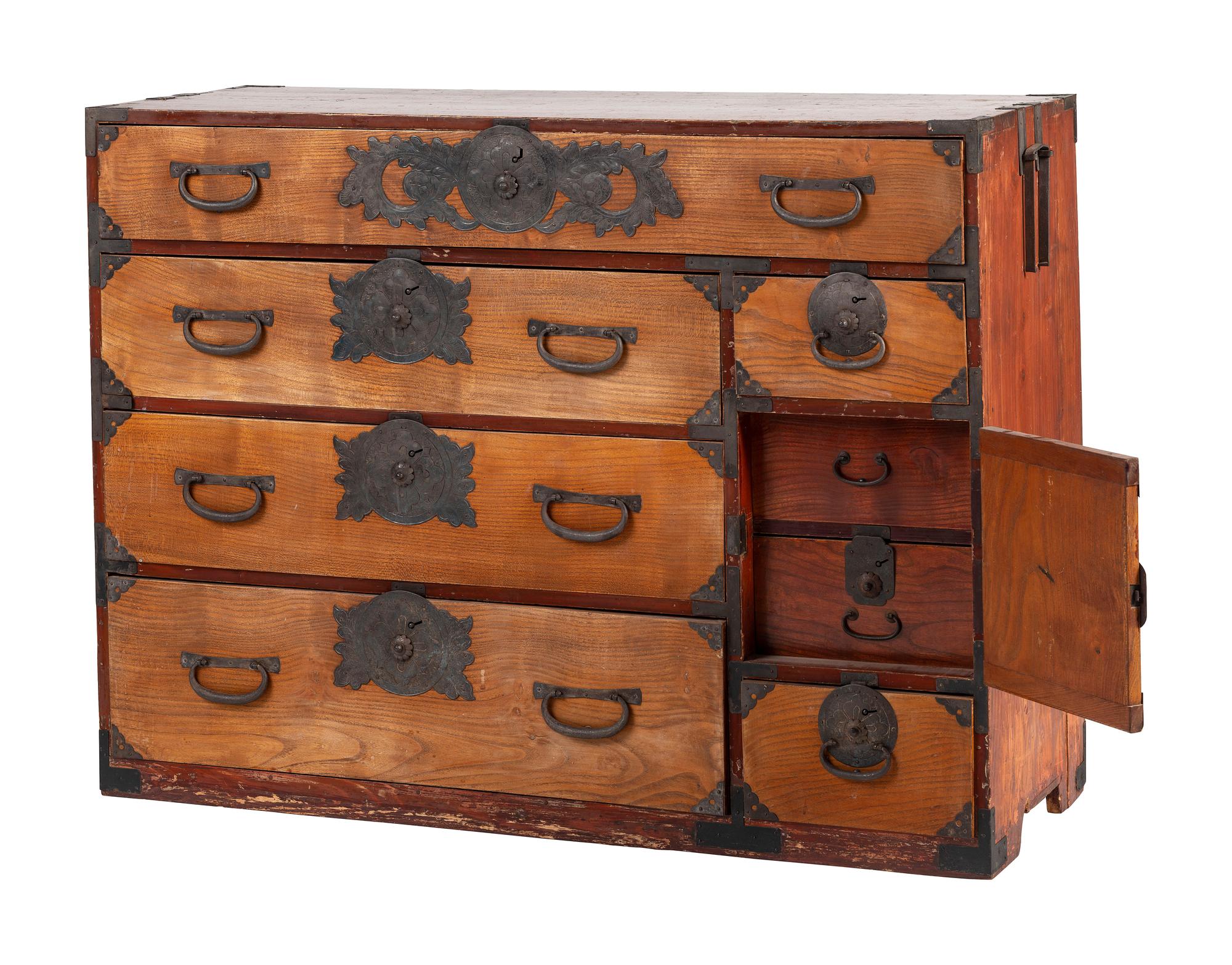 A Japanese Pressed Metal Mounted Tansu Chest