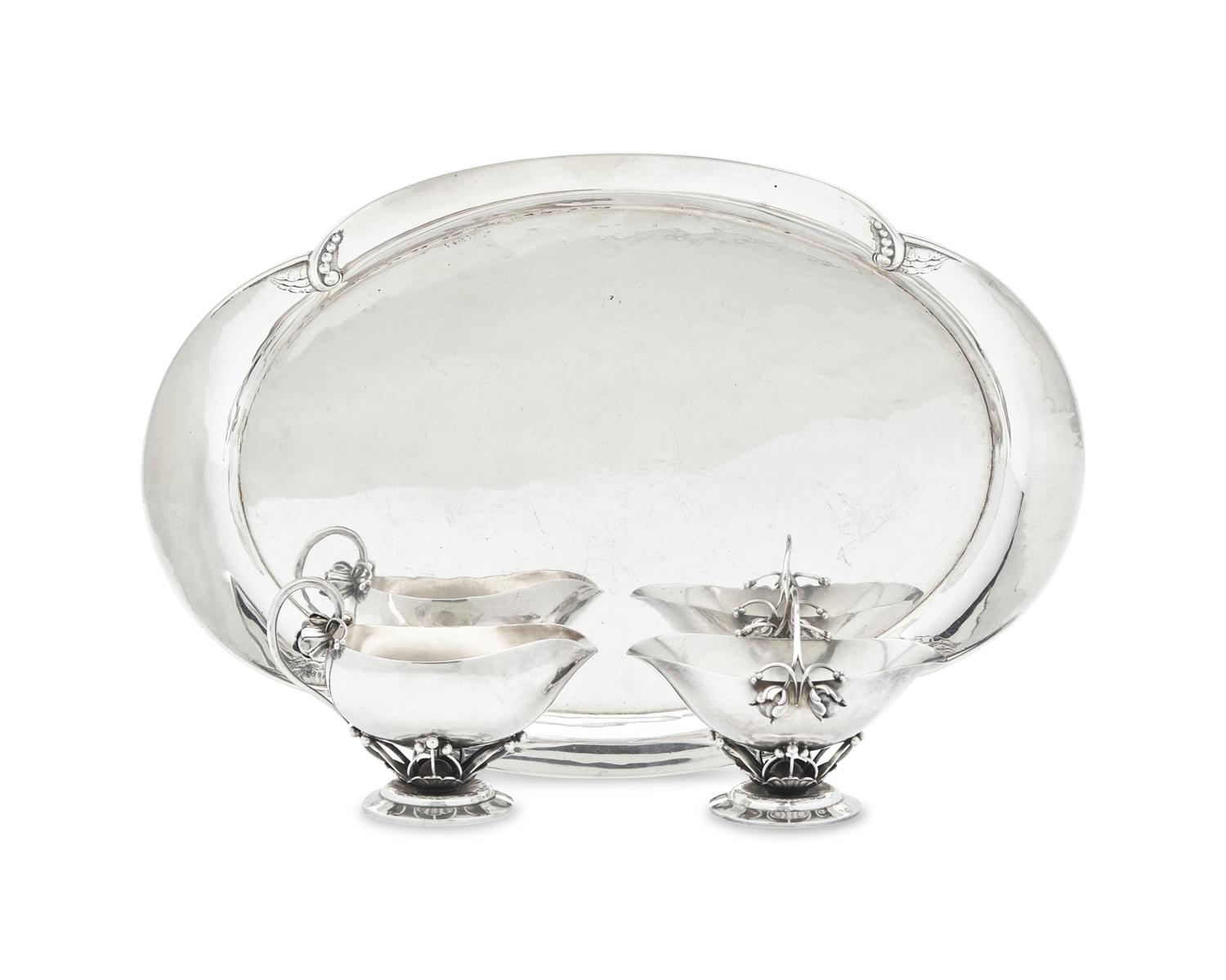 A Georg Jensen Silver Creamer and Sugar with Tray