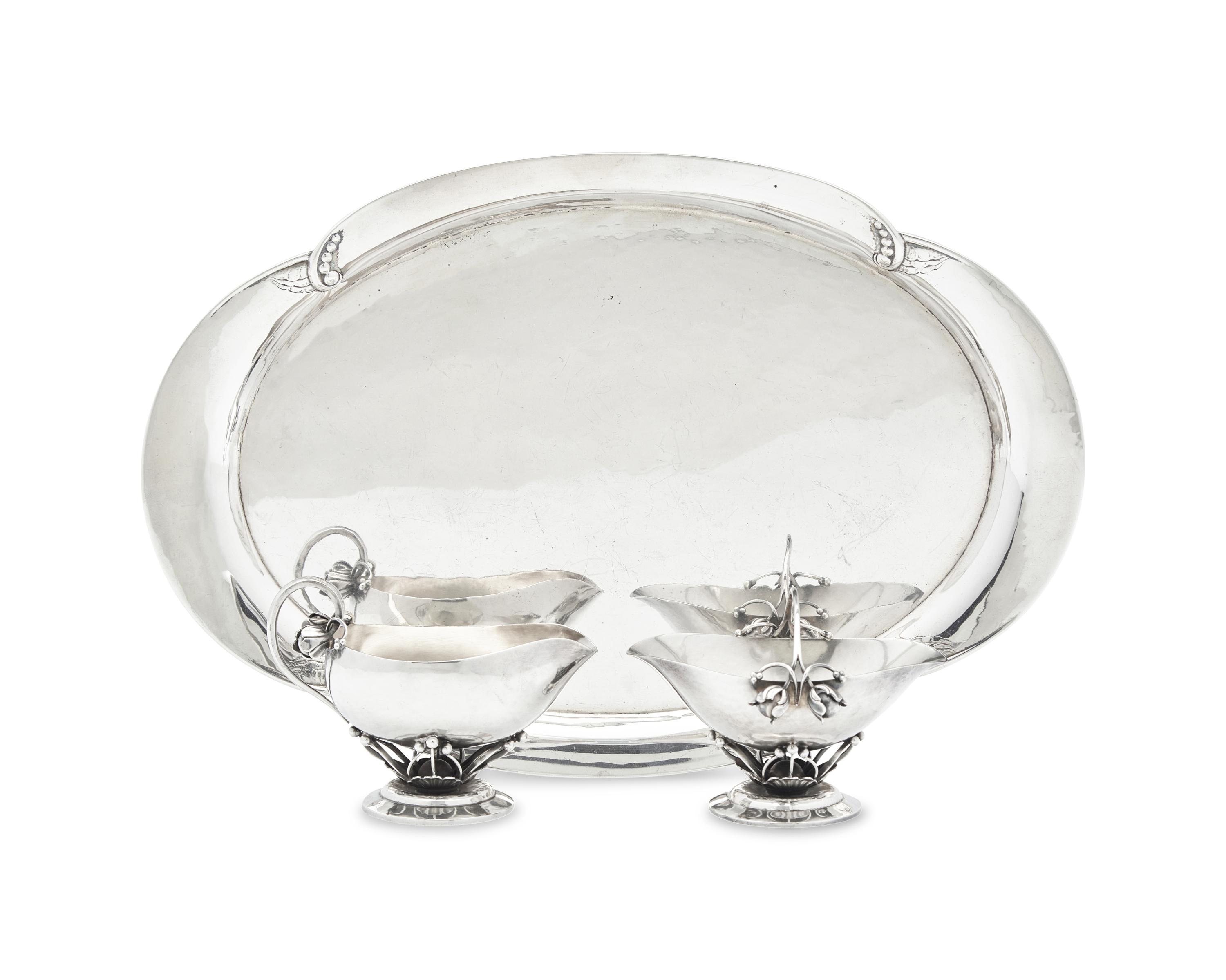 A Georg Jensen Silver Creamer and Sugar with Tray