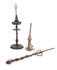 A Brass Lamp and a Brass Pipe Base with a Turkish Carved Pine Pipe