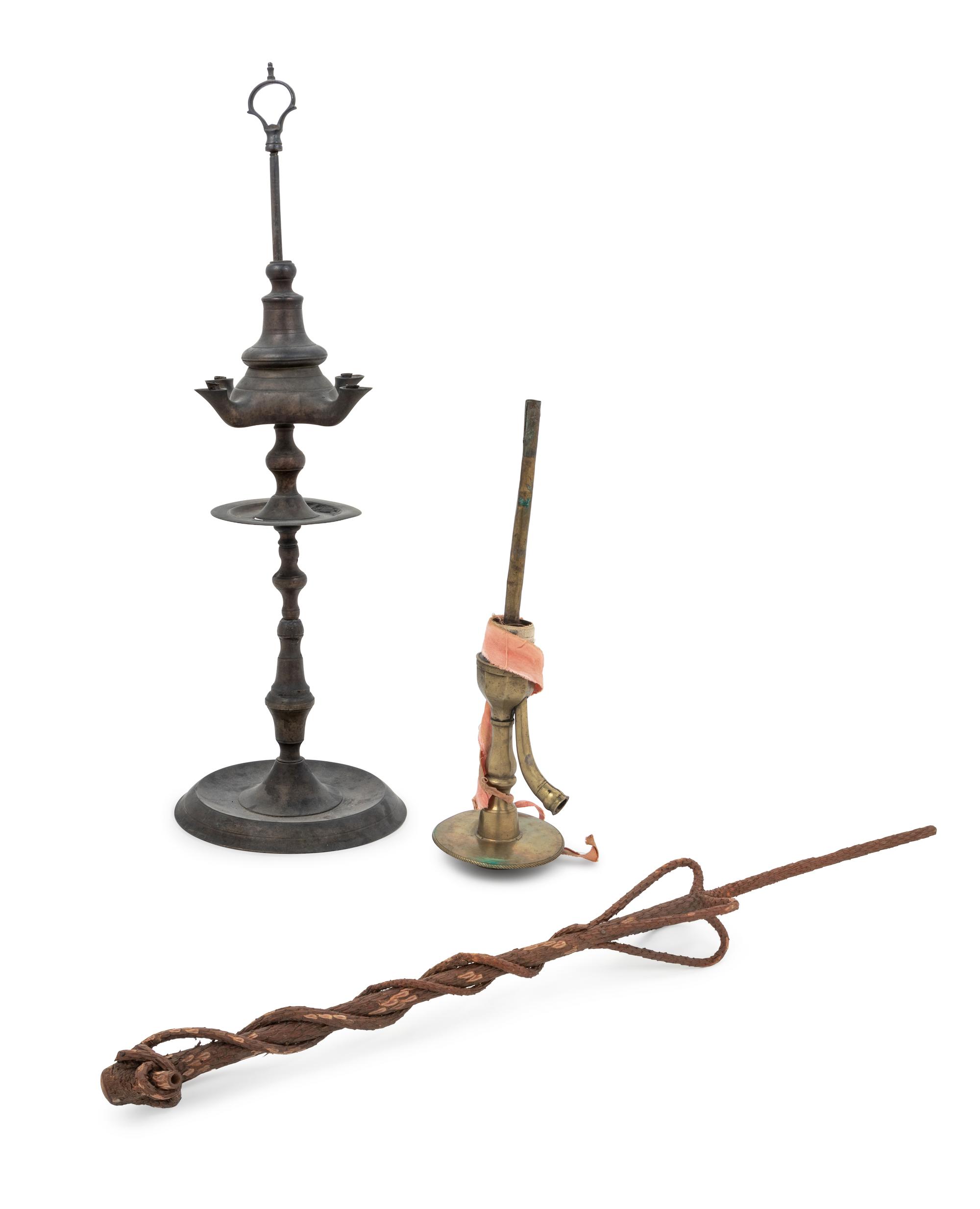 A Brass Lamp and a Brass Pipe Base with a Turkish Carved Pine Pipe