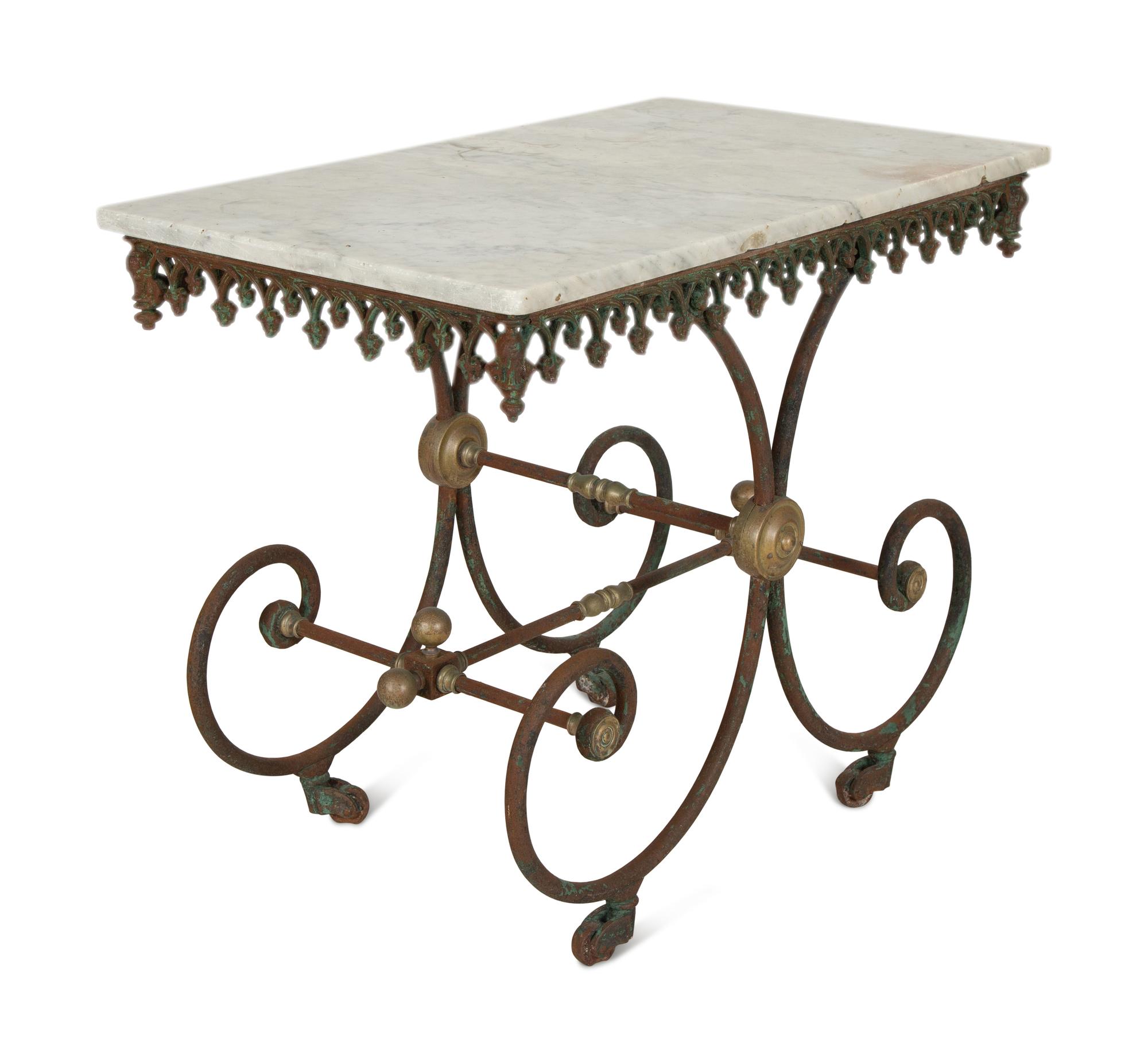 A French Patinated Iron and Marble Pastry Table
