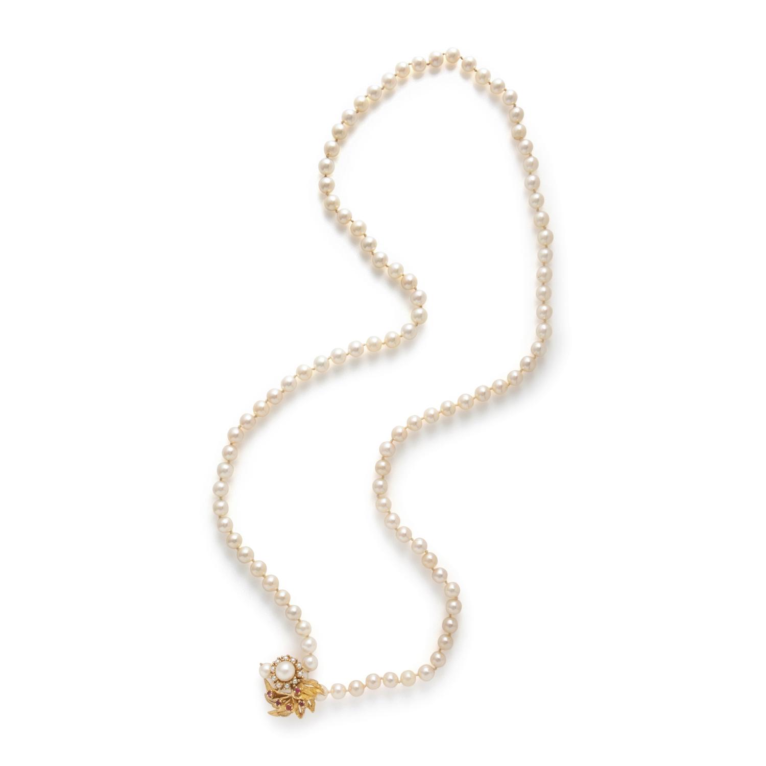 Cultured Pearl, Ruby, and Yellow Gold Necklace