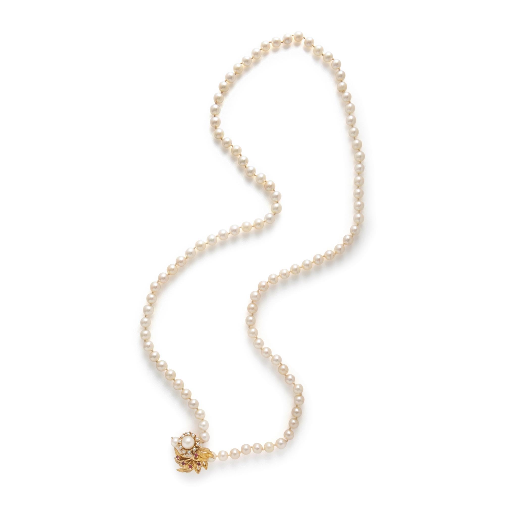 Cultured Pearl, Ruby, and Yellow Gold Necklace