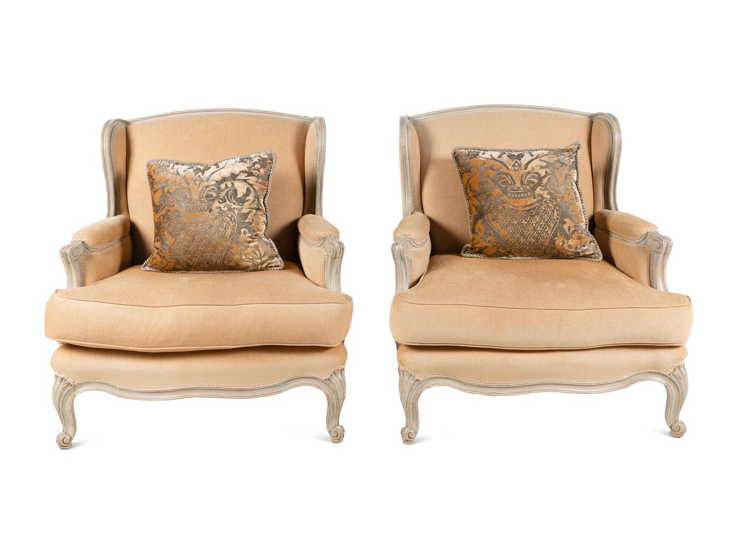 A Pair of Louis XV Style Gray-Painted Bergères