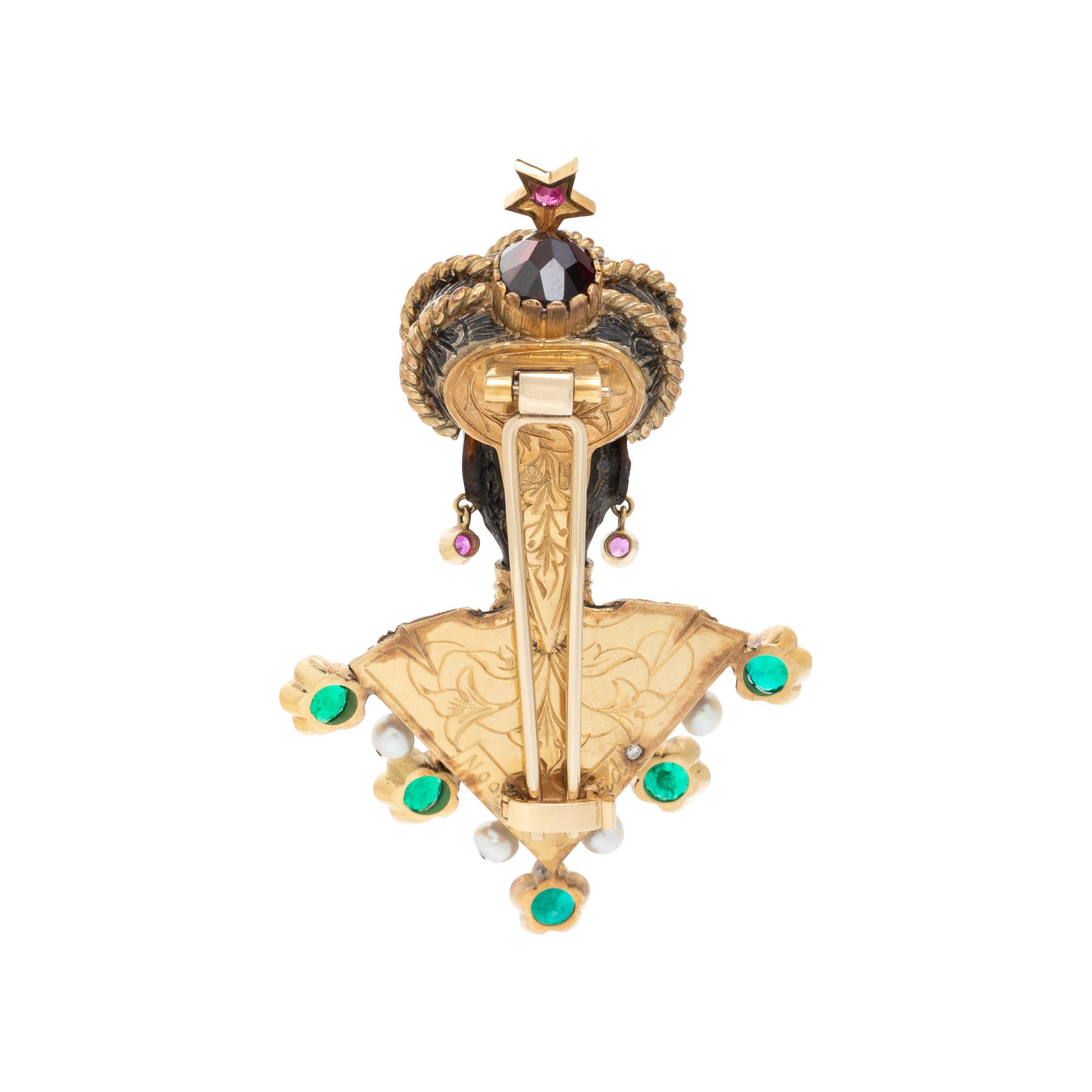 NARDI, YELLOW GOLD, SILVER AND MULTIGEM BLACKAMOOR BROOCH