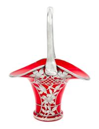 A Silver Overlay Glass Basket Height 12 1/8 inches.