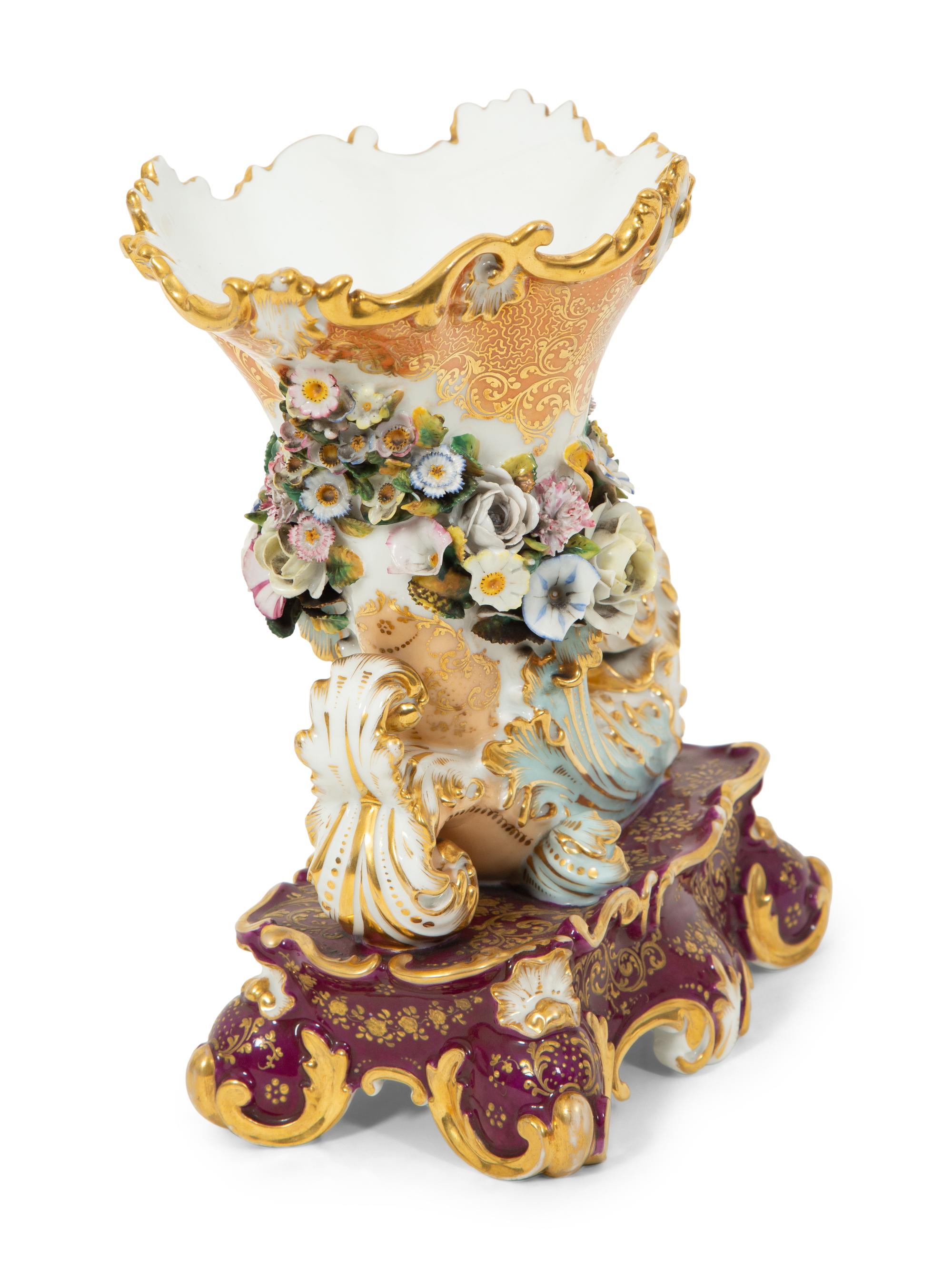 A Signed Jacob Petit Porcelain Cornucopia Vase on a Serpentine Base