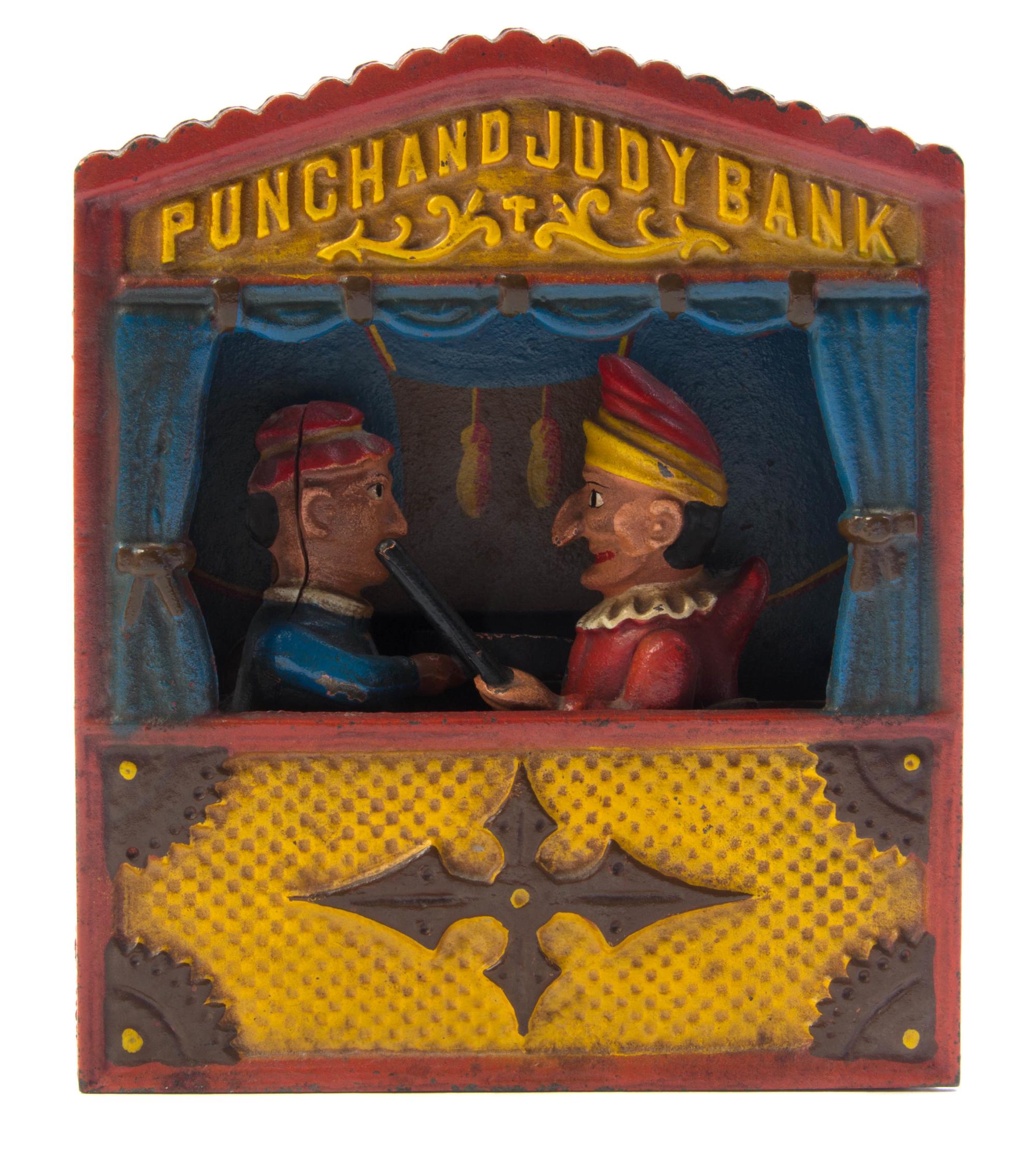 An American Cast Iron and Polychrome Painted Mechanical Bank, Height 7 1/8 inches.