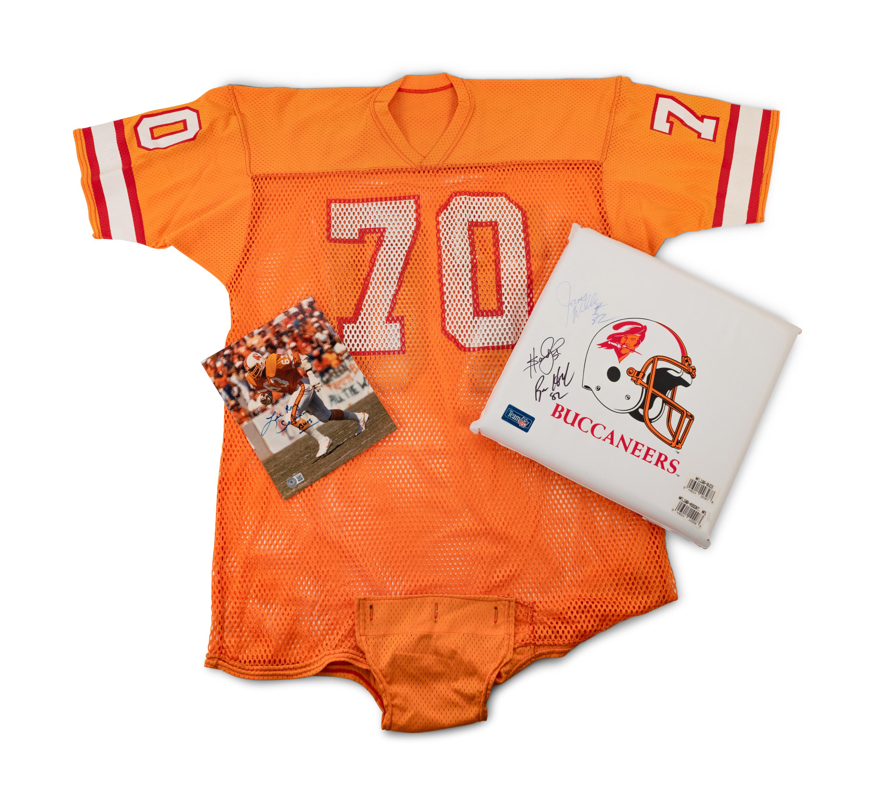 A Vintage 1970-80s Tampa Bay Buccaneers Game Issued "Creamsicle" Football Jersey and Group of Signed Autograph Items,