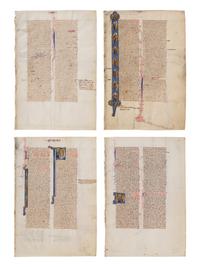 VIE DE SAINT DENIS ATELIER (active Paris, c. 1240-1260) Four leaves from a Bible, including one spectacular historiated initial ‘I’ of the Six Days of Creation and Christ Blessing, one historiated initial ‘D’ of David in Prayer, and one historiated initial D of Solomon with a rod, in Latin, illuminated manuscript on parchment [France, Paris, c. 1240-1260]