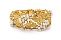 An 18 Karat Yellow Gold and Cultured Pearl Bracelet, Italian, Circa 1940, 38.70 dwts