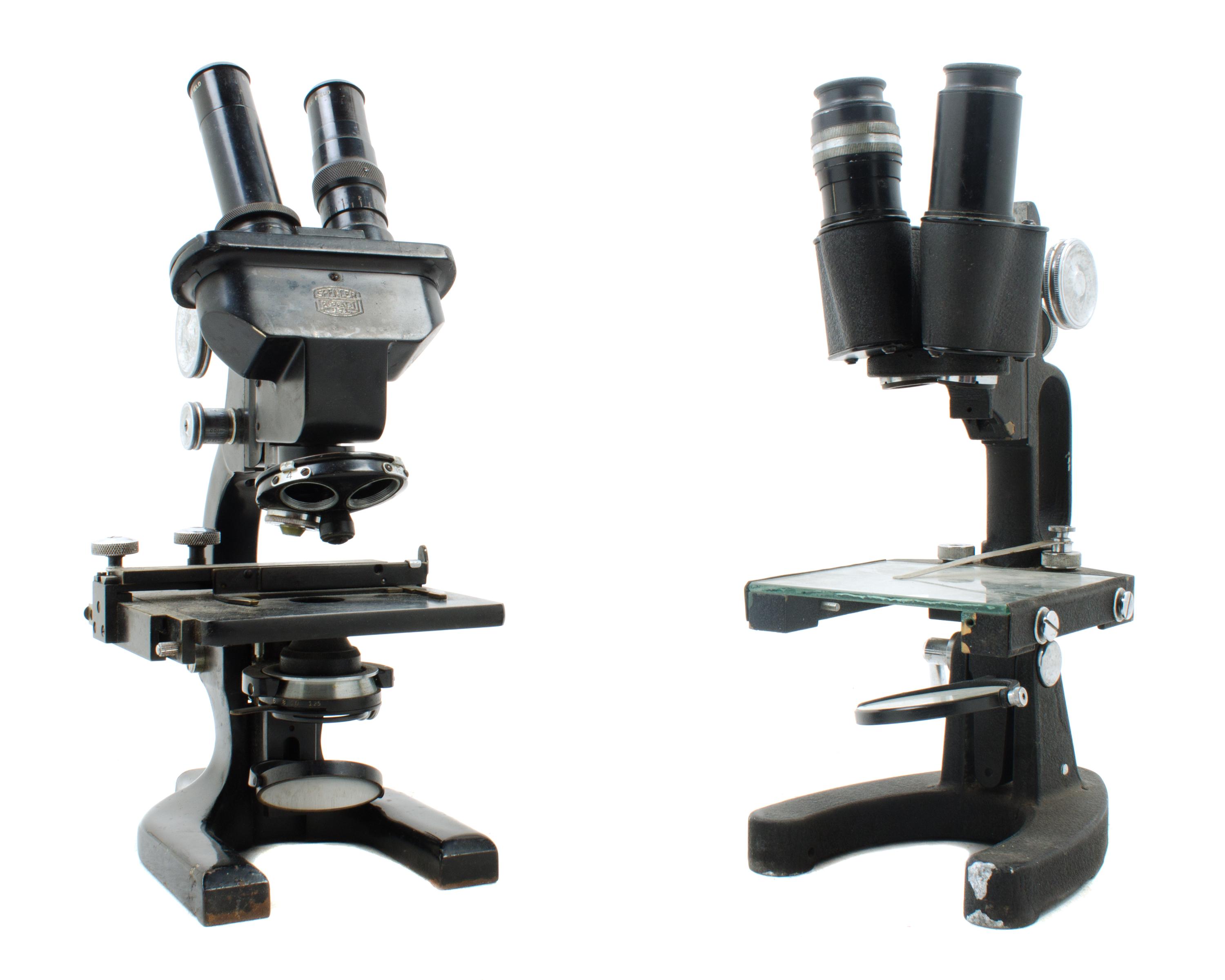 Two Black Lacquered Binocular Microscopes Height of taller 13 1/2 inches. — COOKE, TROUGHTON & SIMMS, LONDON AND SPENCER, BUFFALO, 20TH CENTURY