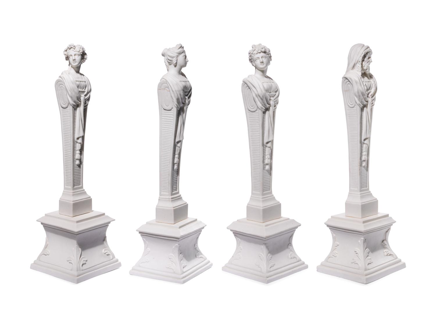 Four Mennecy Biscuit Porcelain Herm Figures Emblematic of the Seasons