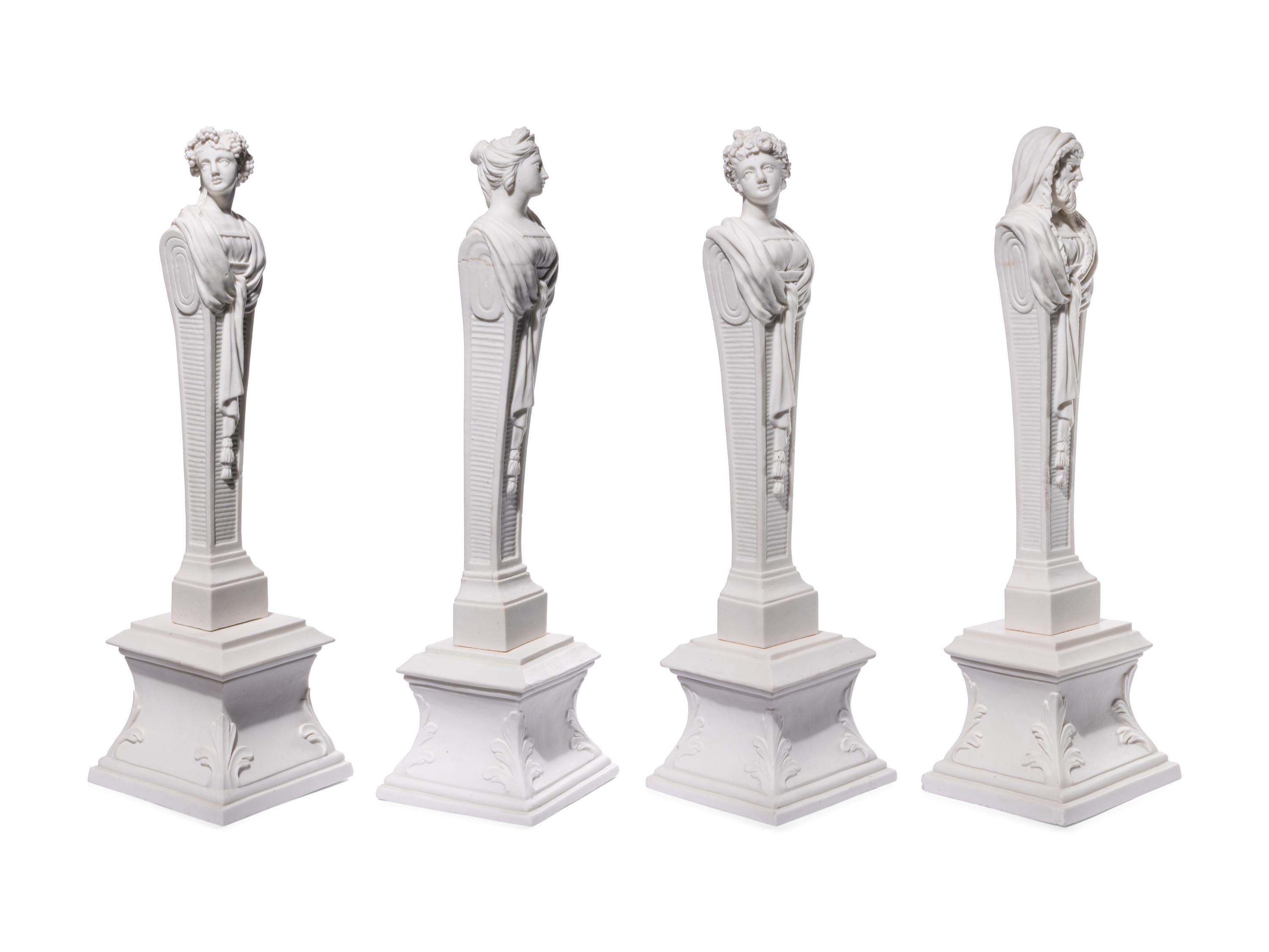 Four Mennecy Biscuit Porcelain Herm Figures Emblematic of the Seasons