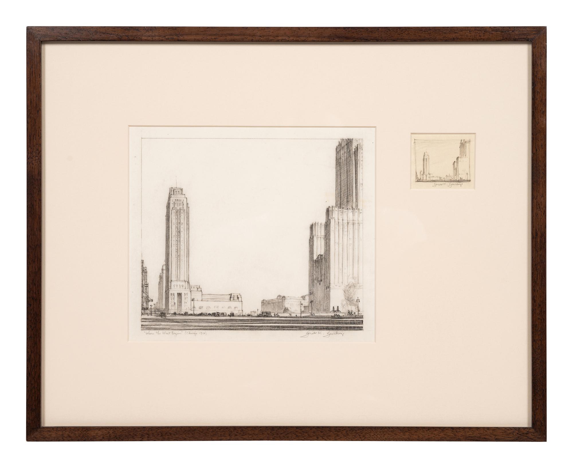 Where the West Begins (Chicago) , accompanied by two preparatory pencil sketches, 1930-32