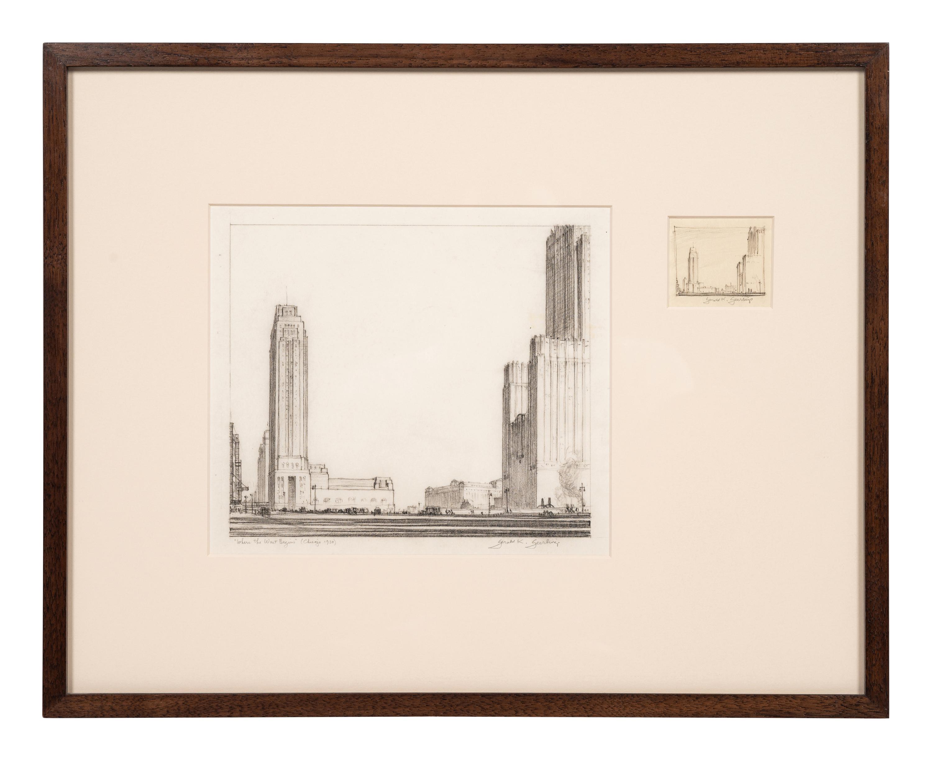 Where the West Begins (Chicago) , accompanied by two preparatory pencil sketches, 1930-32