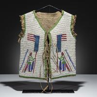 Sioux Beaded Buffalo Hide Pictorial Vest, American Flags and Warriors