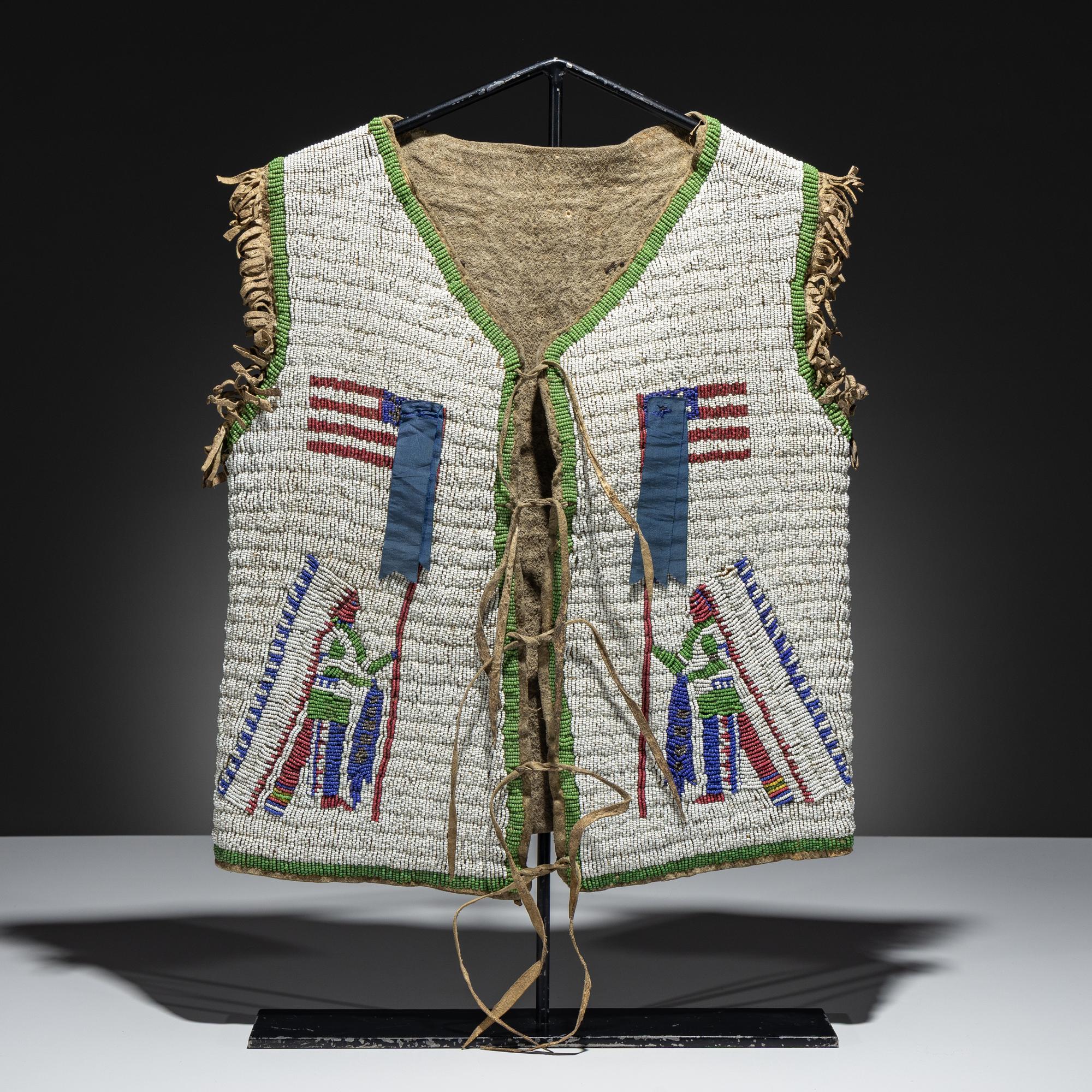 Sioux Beaded Buffalo Hide Pictorial Vest, American Flags and Warriors