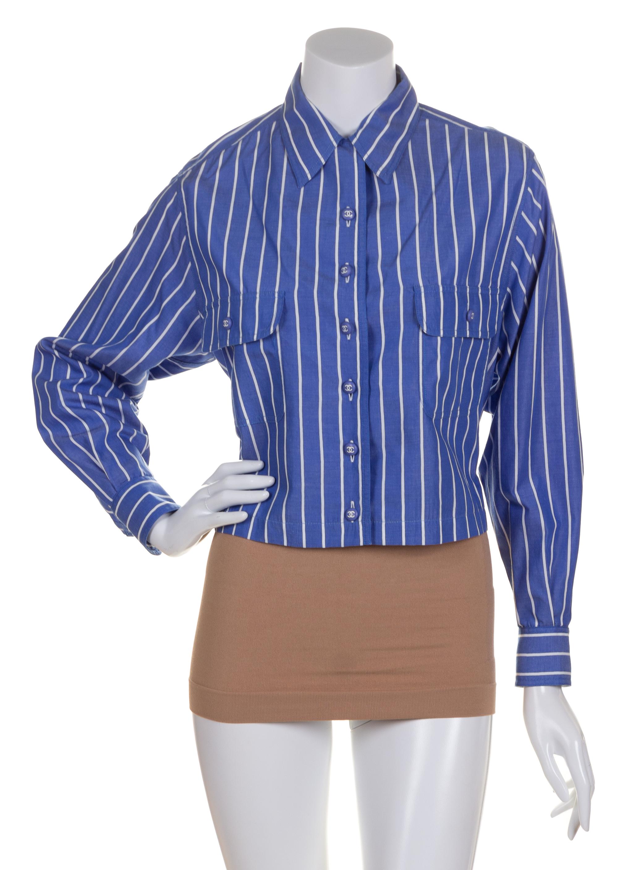 A Chanel Blue and White Cotton Striped Blouse,
