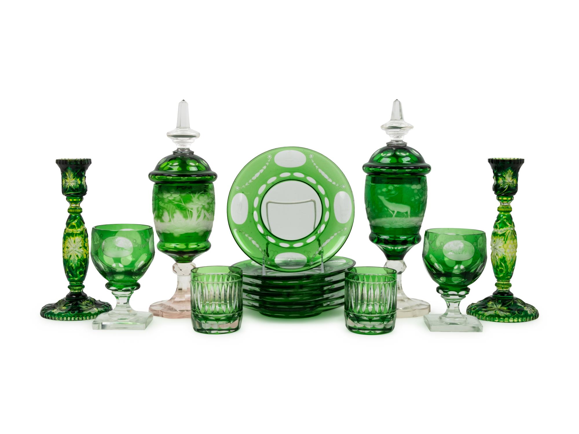 A Group of Bohemian Green Cut-to-Clear Glass Table Articles