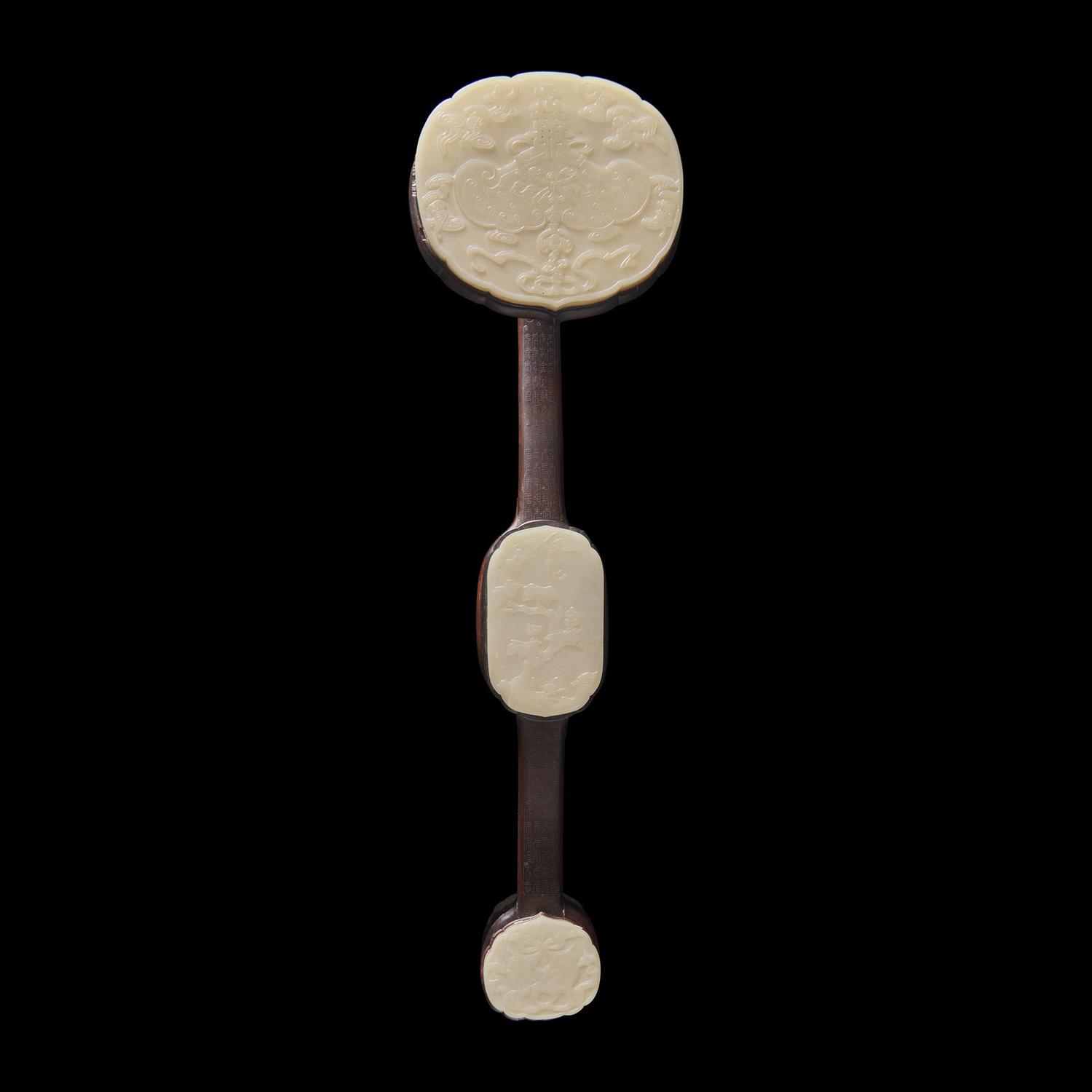A Chinese White Jade and Silver Wire inlaid Rosewood Ruyi Scepter, Qing Dynasty 清 白玉三鑲銀絲嵌紅木如意