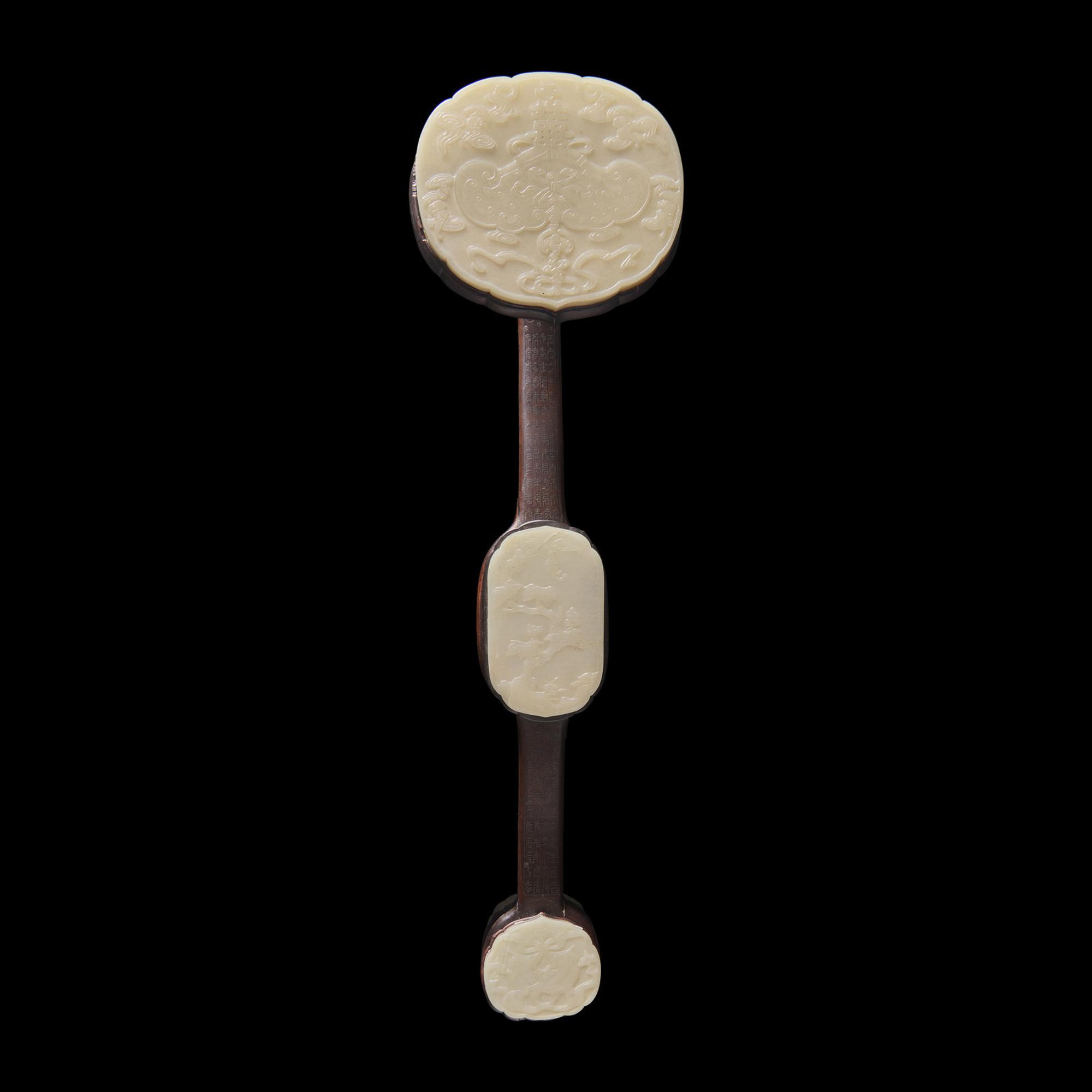 A Chinese White Jade and Silver Wire inlaid Rosewood Ruyi Scepter, Qing Dynasty 清 白玉三鑲銀絲嵌紅木如意