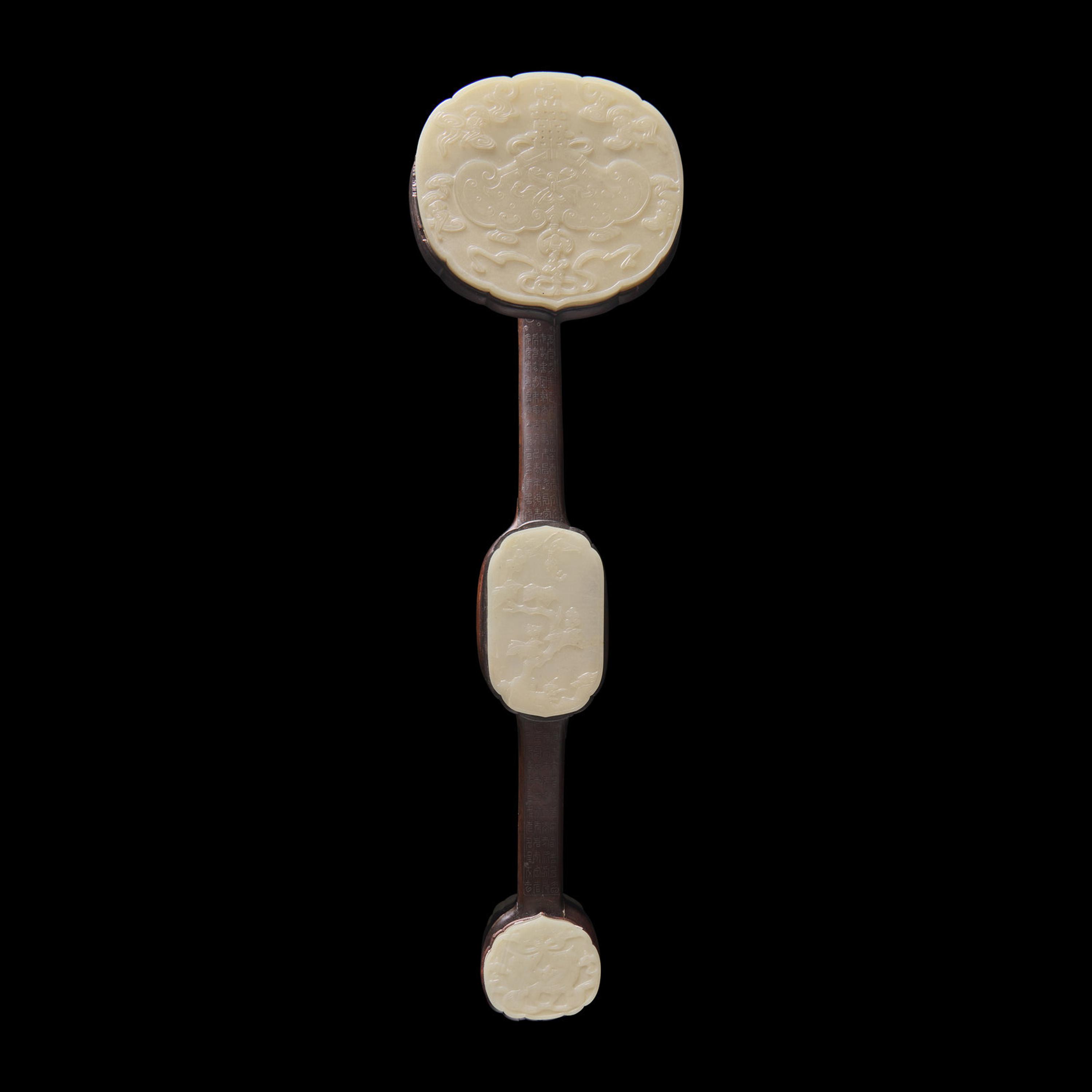 A Chinese White Jade and Silver Wire inlaid Rosewood Ruyi Scepter, Qing Dynasty 清 白玉三鑲銀絲嵌紅木如意