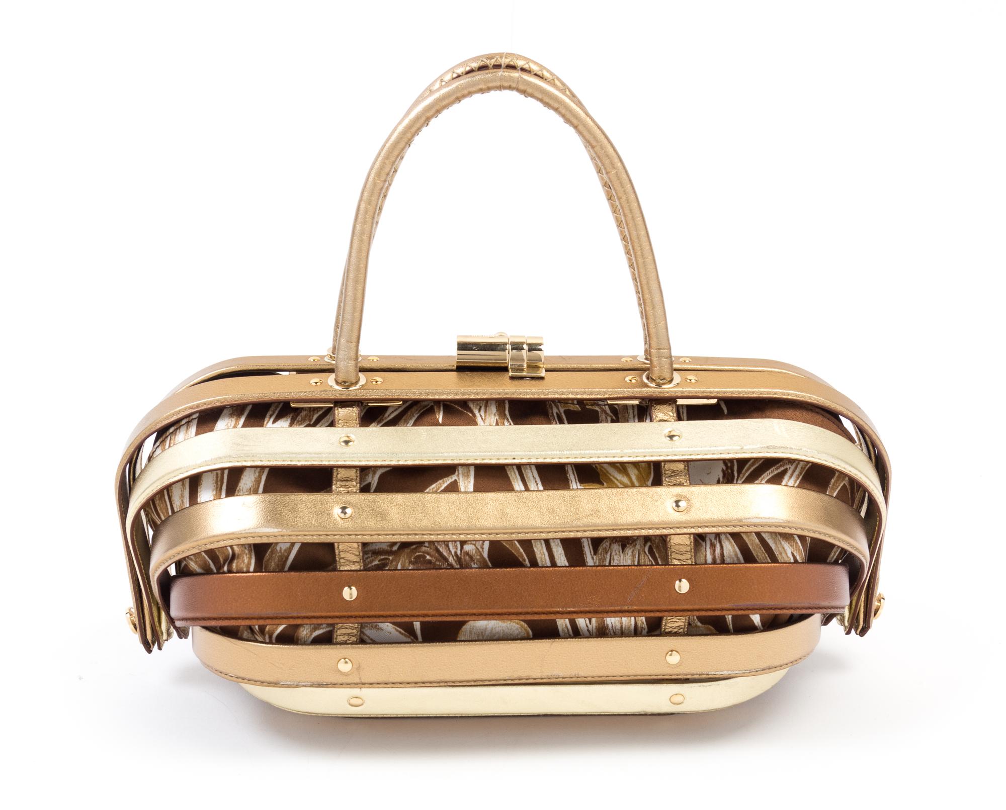 Salvatore Ferragamo Gold and Bronze Leather "Cage" Handbag, 1990-2000s 12" x 6" x 5"; Handle drop: 4"
