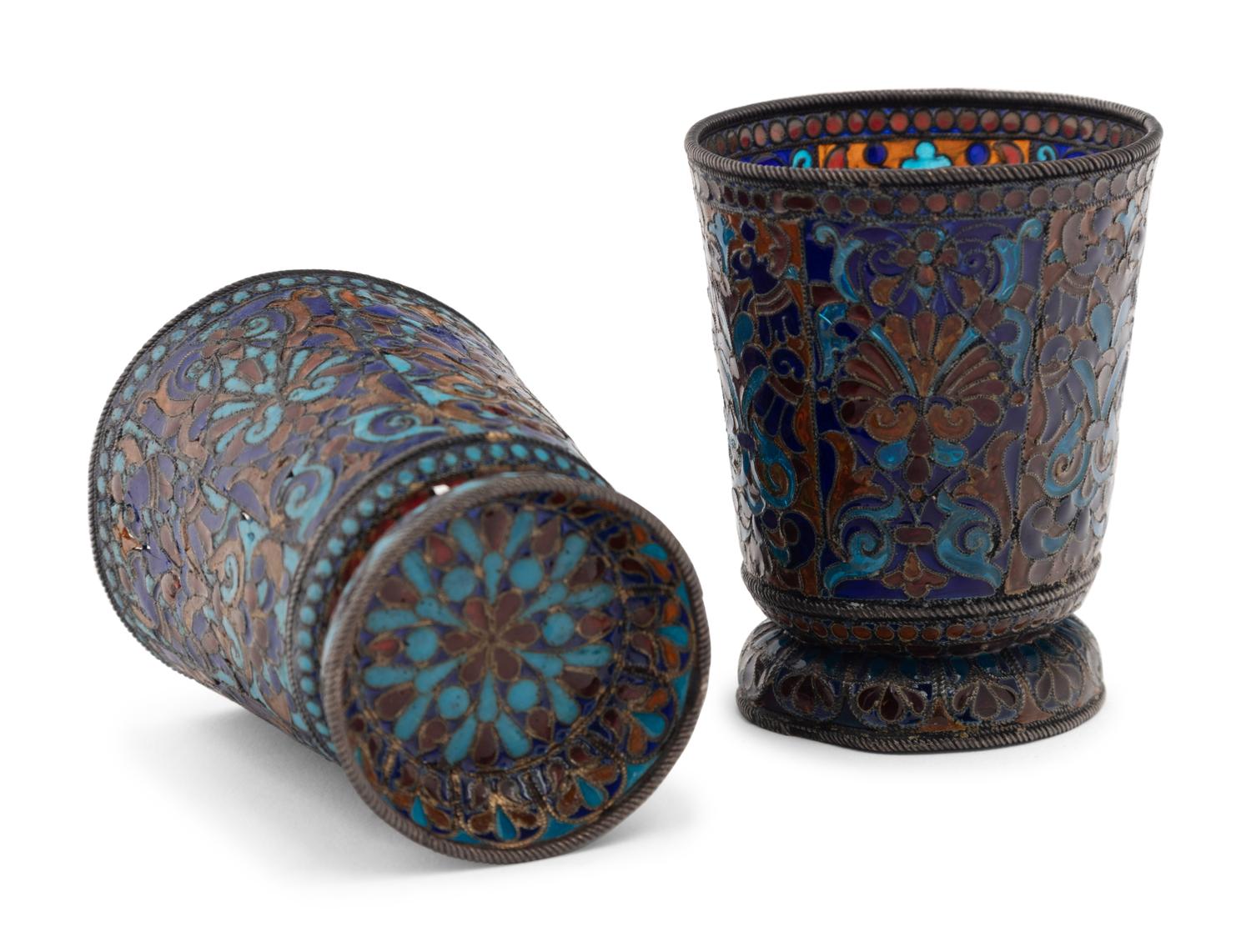 A Pair of Russian Plique-à-Jour Enamel Beakers