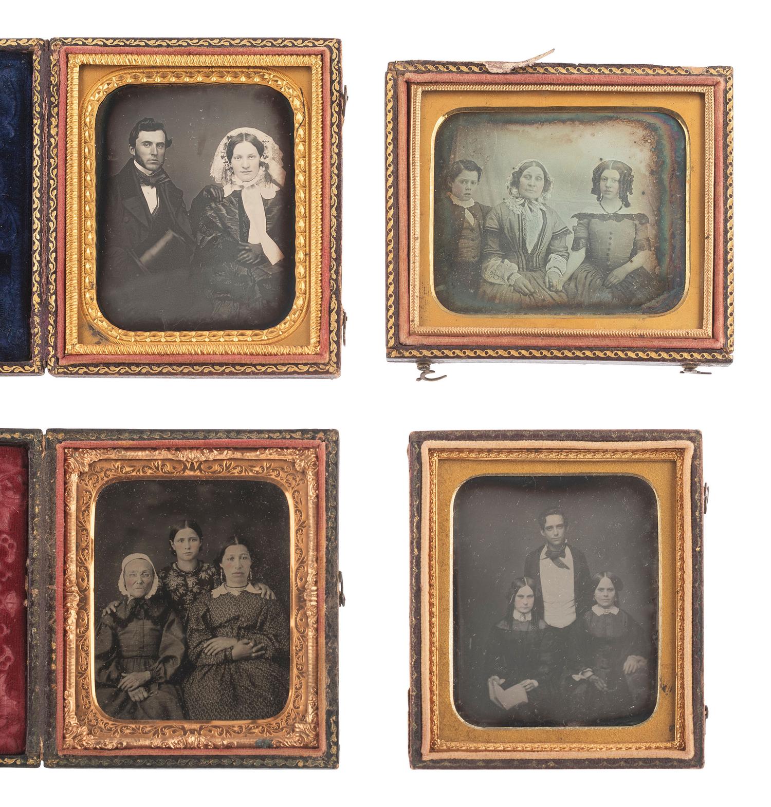 [EARLY PHOTOGRAPHY]. 11 daguerreotype and ambrotype portraits of pairs and trios of sitters.