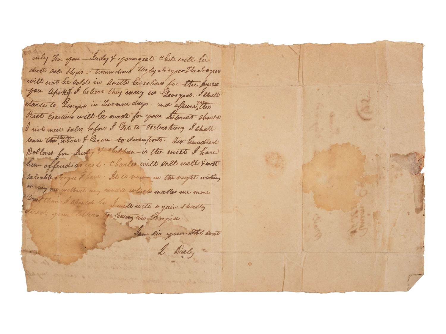 [ENSLAVEMENT & ABOLITION]. Letter from a southern slave trader describing the transportation of enslaved persons from Virginia to auction markets in the Deep South, 1820.