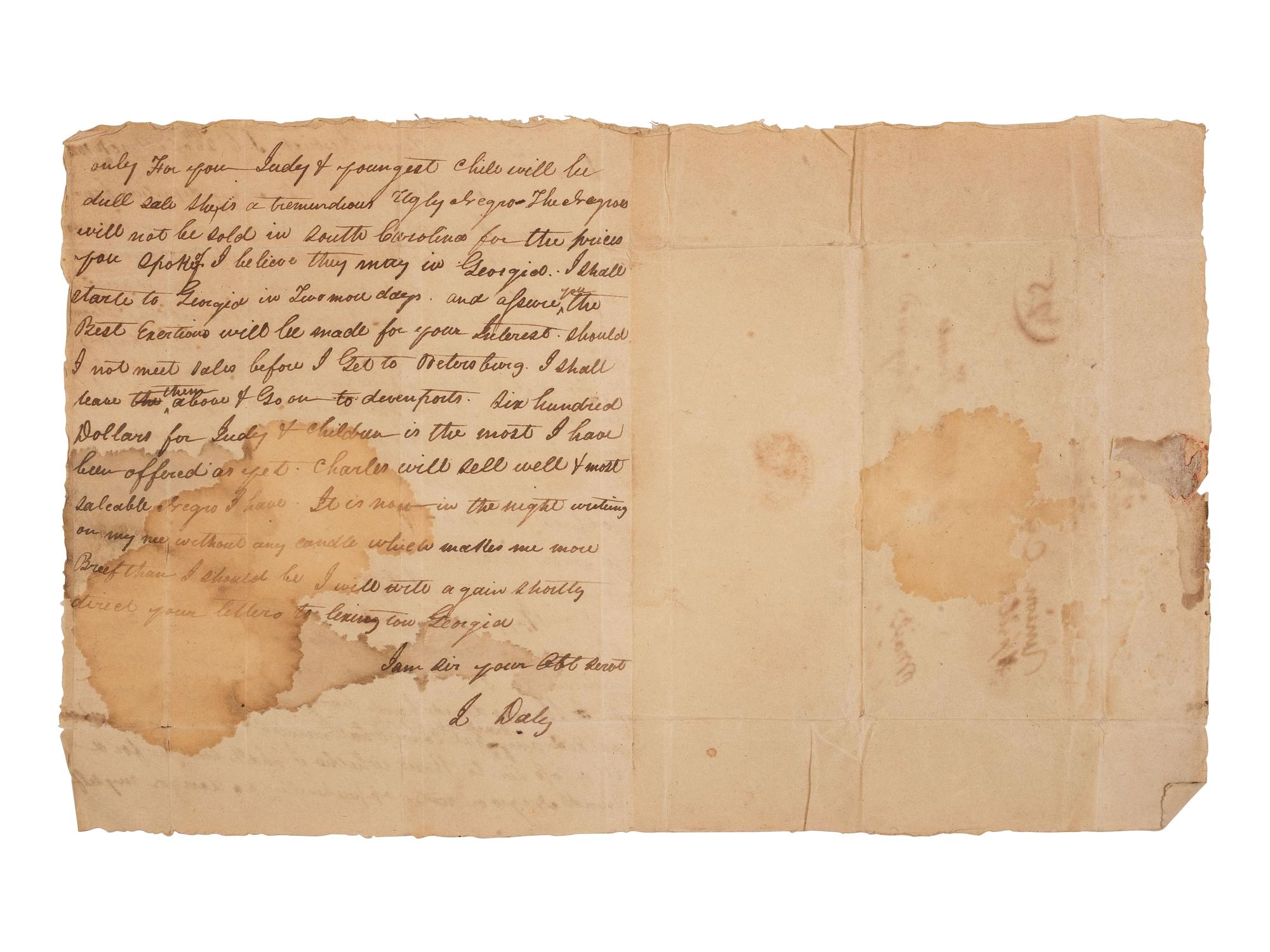 [ENSLAVEMENT & ABOLITION]. Letter from a southern slave trader describing the transportation of enslaved persons from Virginia to auction markets in the Deep South, 1820.