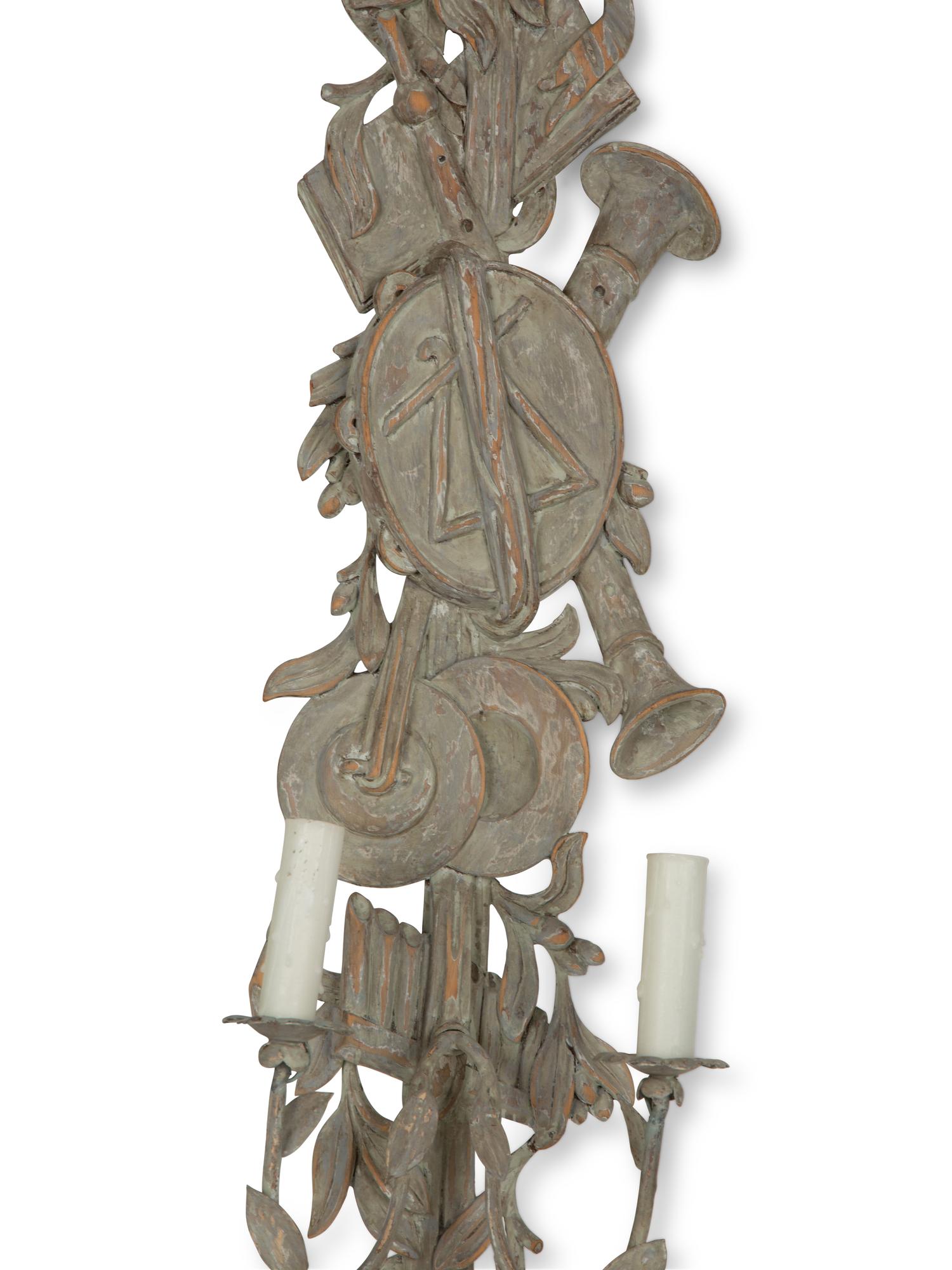 A Pair of Carved Wood Musical Trophy Sconces — 20TH CENTURY