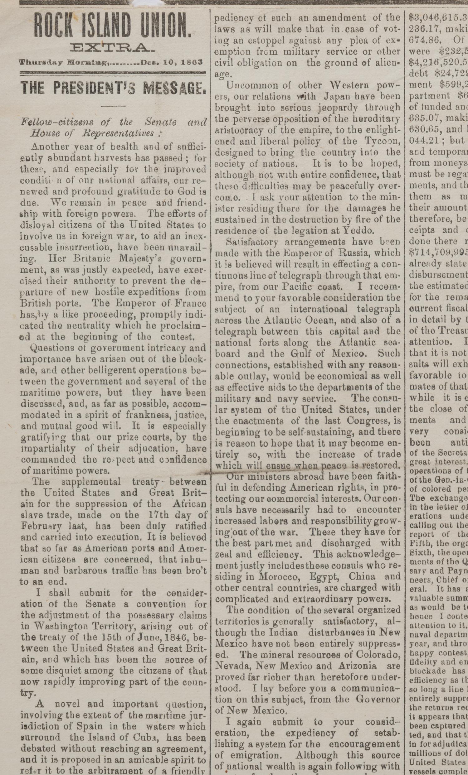 LINCOLN, Abraham (1809-1865). Rock Island Union Extra . Rock Island, IL, 10 December 1863.