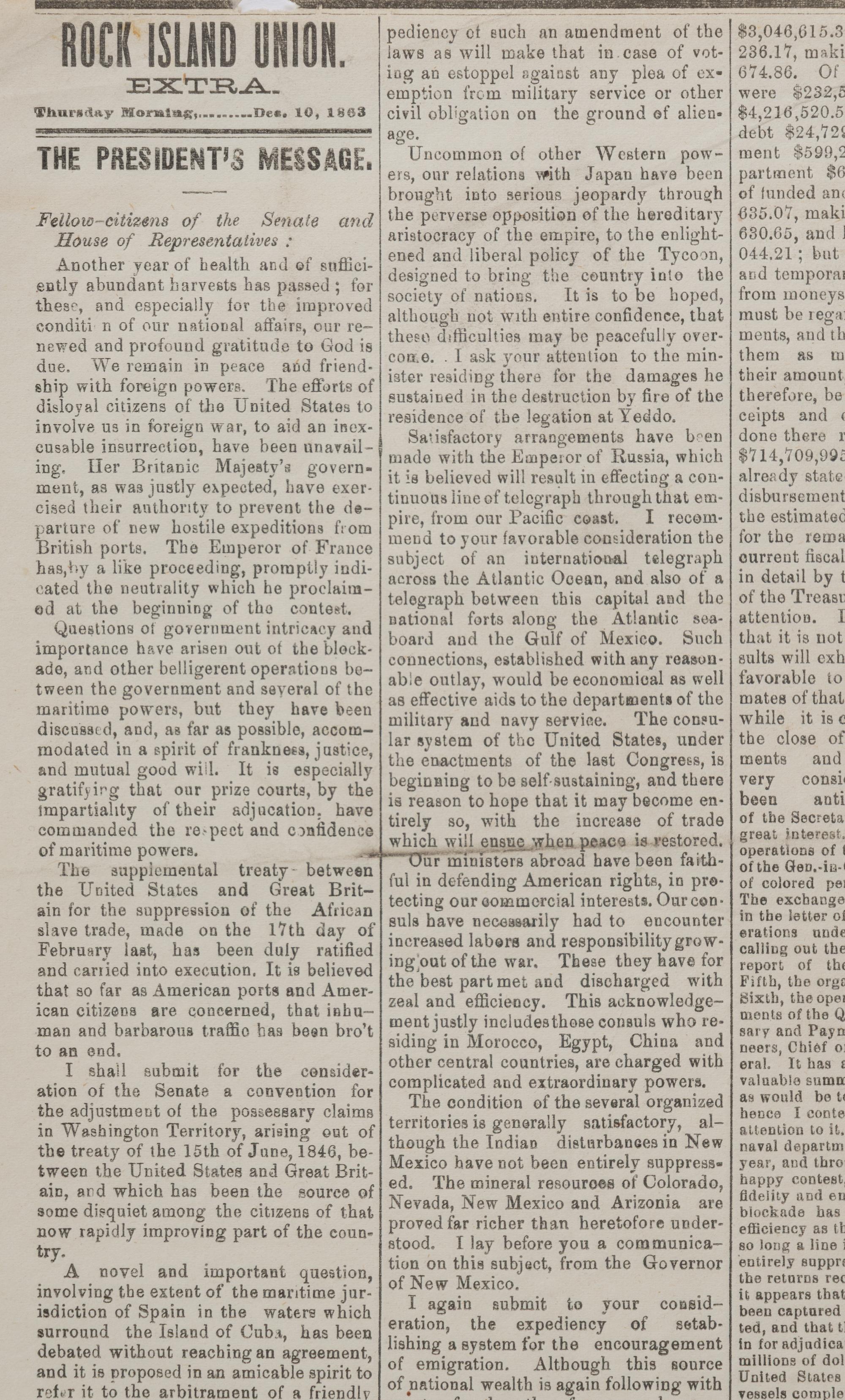 LINCOLN, Abraham (1809-1865). Rock Island Union Extra . Rock Island, IL, 10 December 1863.