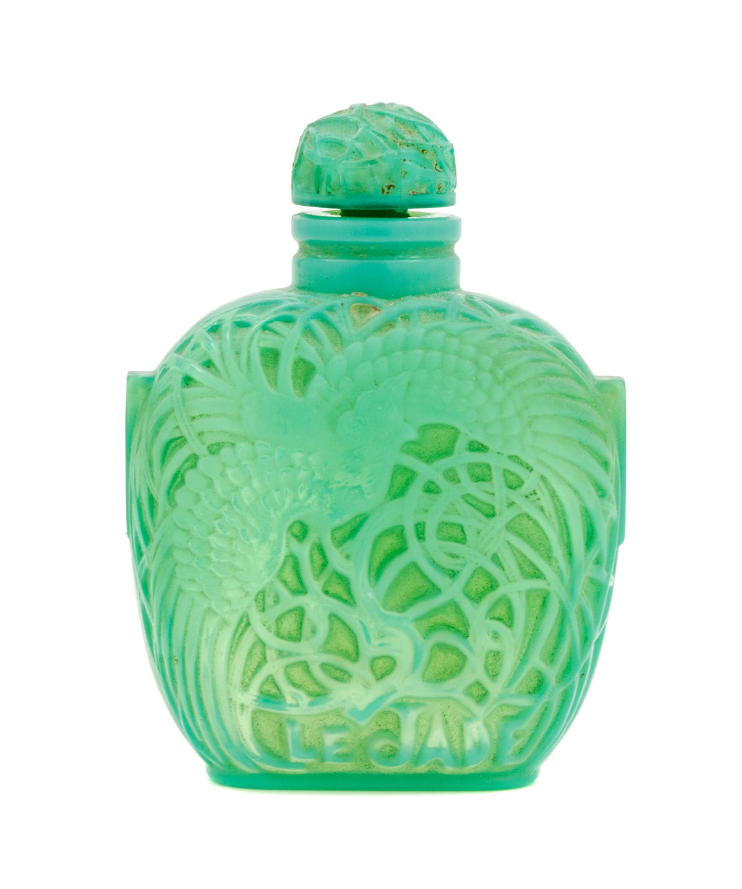 A Rene Lalique Glass Perfume Bottle Height 3 1/2 inches. — RETAILED BY ROGER ET GALLET, PARIS