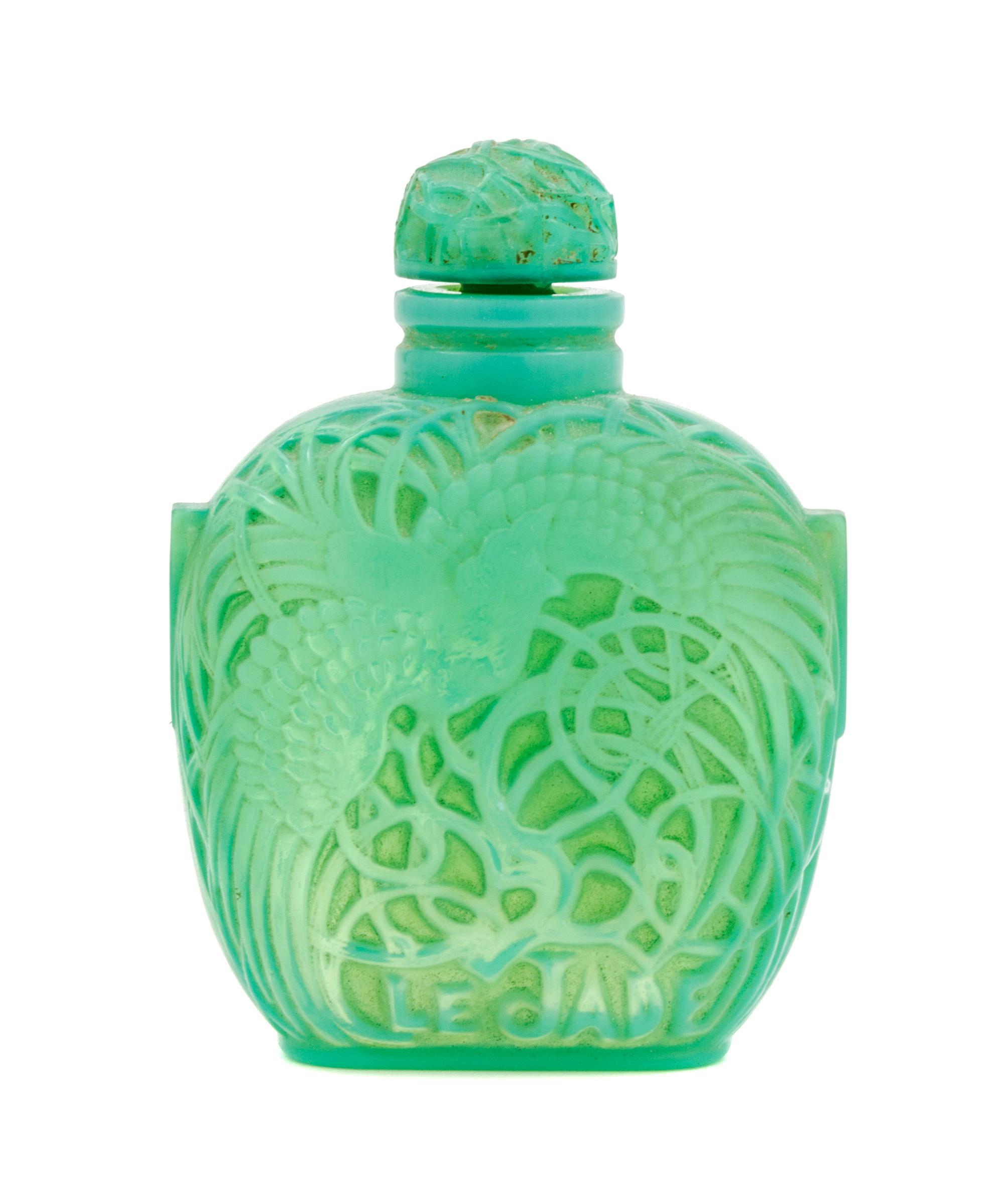 A Rene Lalique Glass Perfume Bottle Height 3 1/2 inches. — RETAILED BY ROGER ET GALLET, PARIS