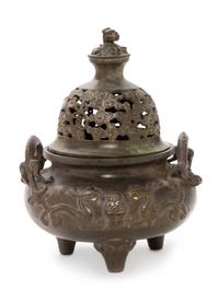 A Chinese Bronze Handled Censer and Cover Height 8 1/2 inches. — 20TH CENTURY