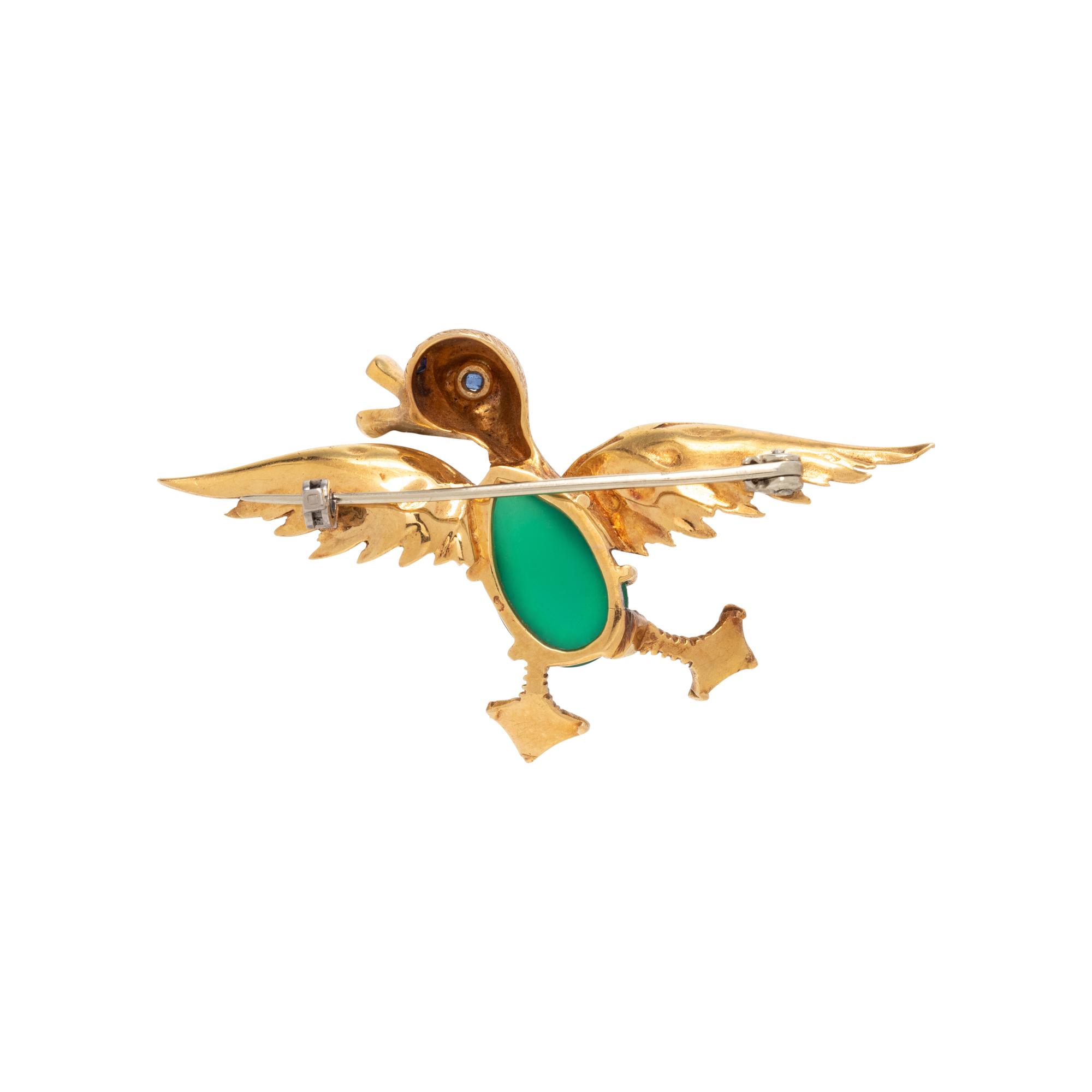 FRENCH, YELLOW GOLD AND MULTIGEM DUCK BROOCH