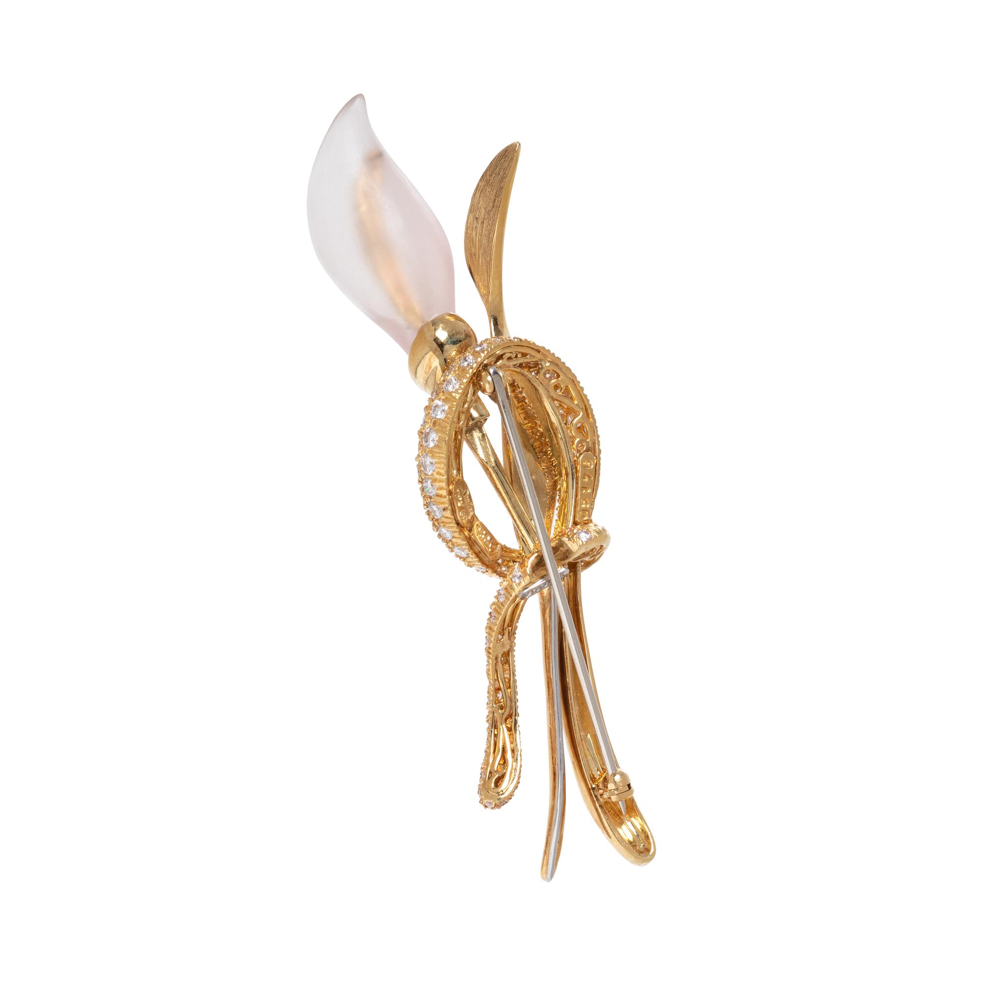 HENRY DUNAY, CARVED ROSE QUARTZ AND DIAMOND CALLA LILY BROOCH