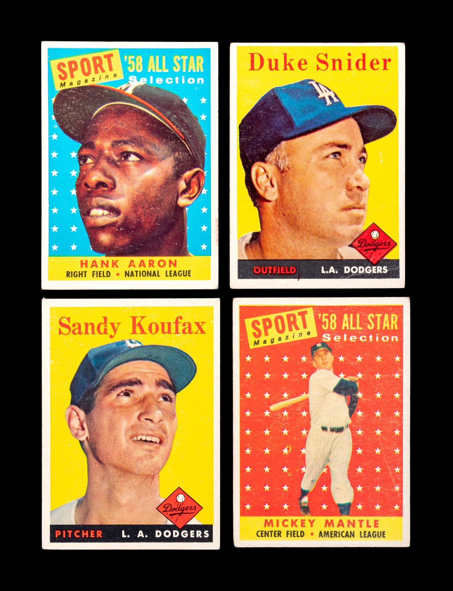 A Group of Four 1958 Topps Baseball Cards Including Mickey Mantle,