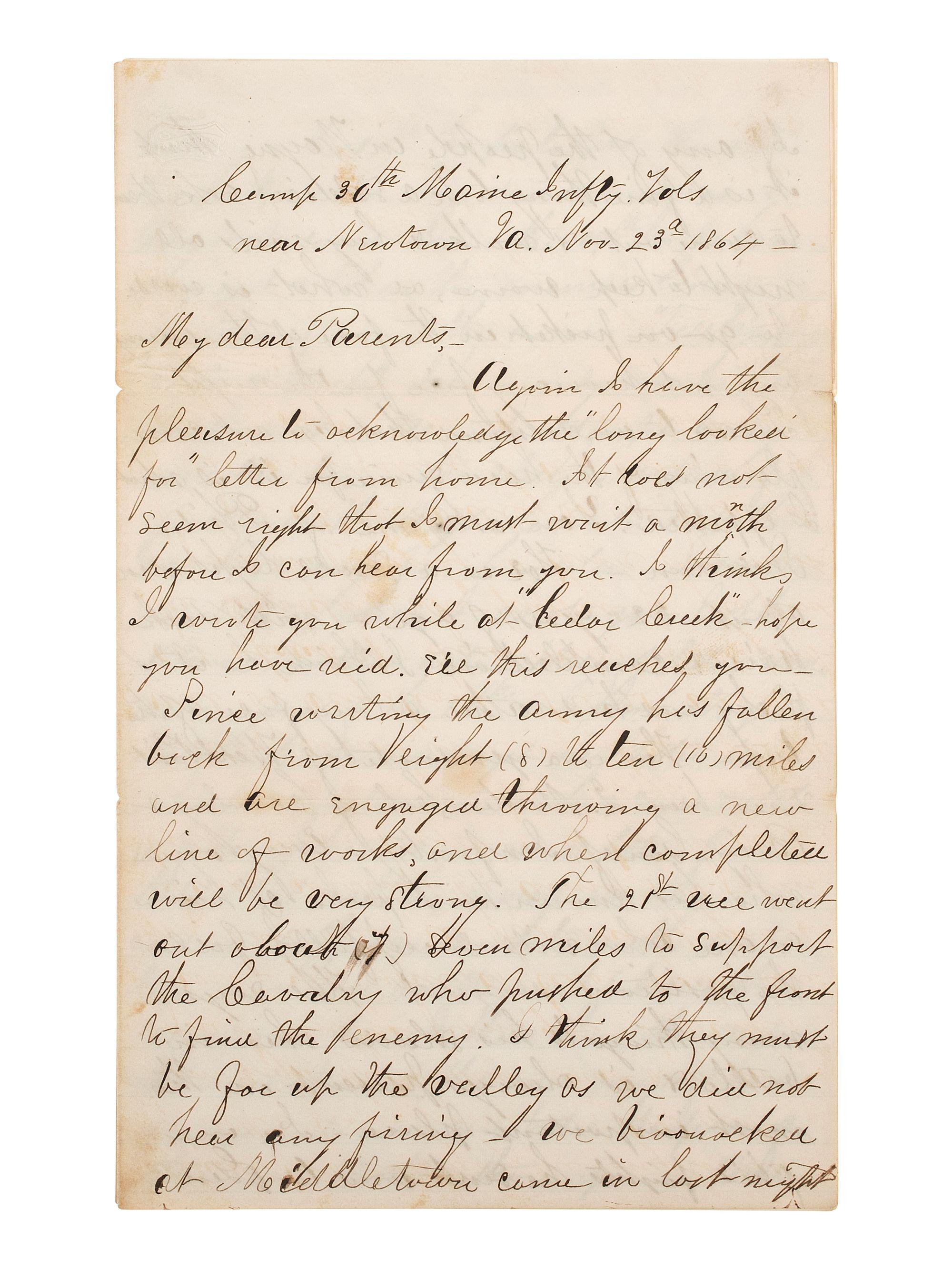 [CIVIL WAR]. Letter from Lt. Henry N. Fairbanks, Co. E, 30th Maine Infantry. 23 November 1864.