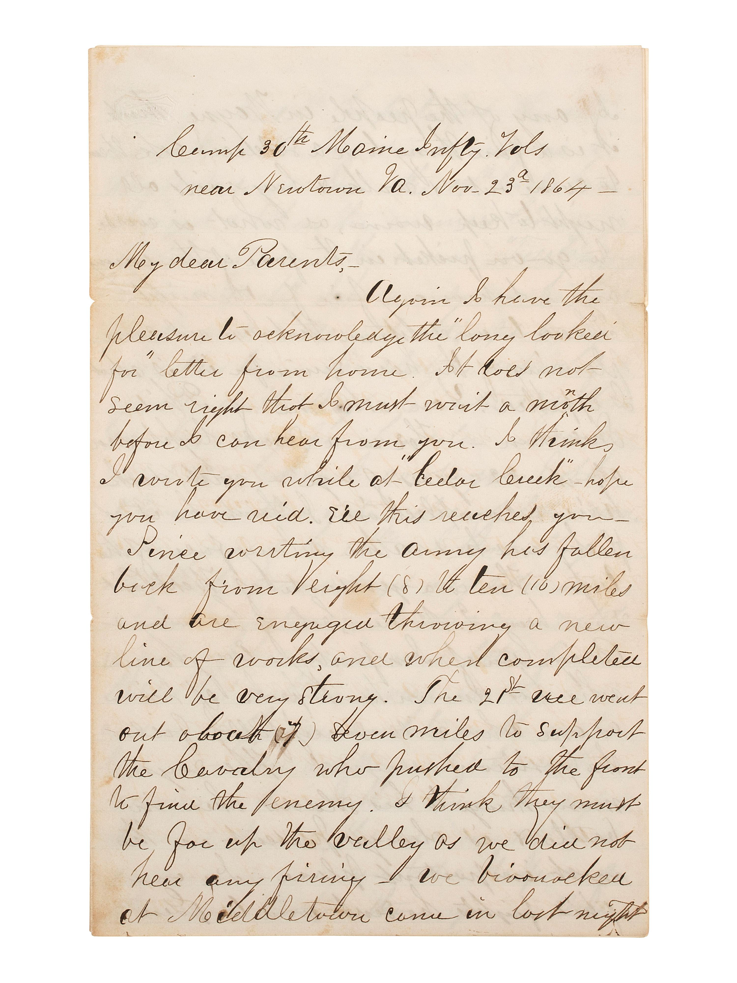 [CIVIL WAR]. Letter from Lt. Henry N. Fairbanks, Co. E, 30th Maine Infantry. 23 November 1864.
